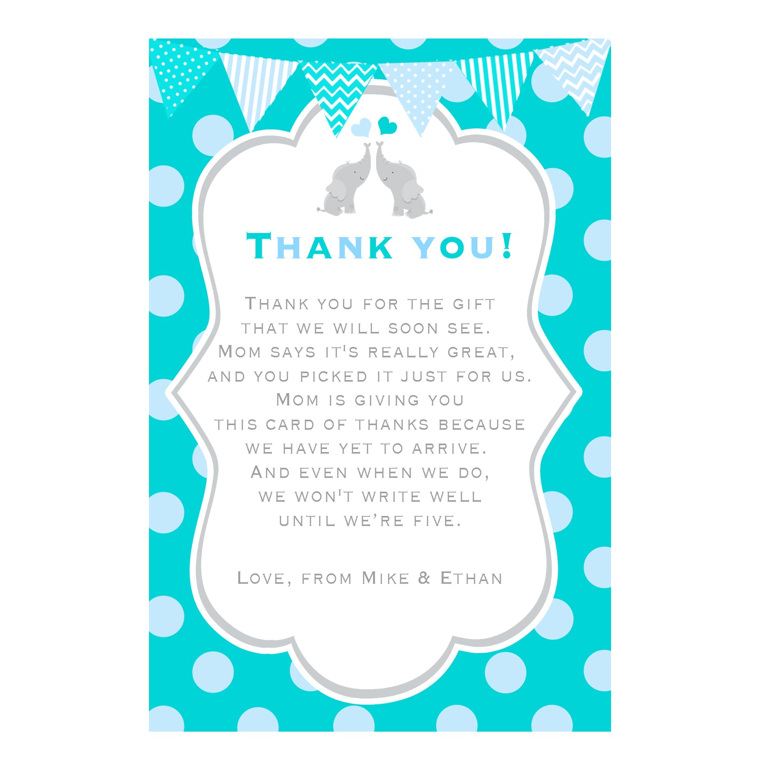 Teal Twins Elephant Thank You Note Card Baby Shower Printable