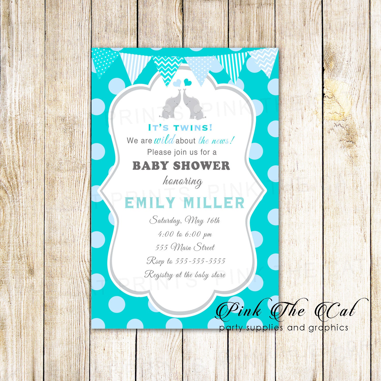 30 Elephant Invitations Baby Shower Teal Blue Twins Personalized