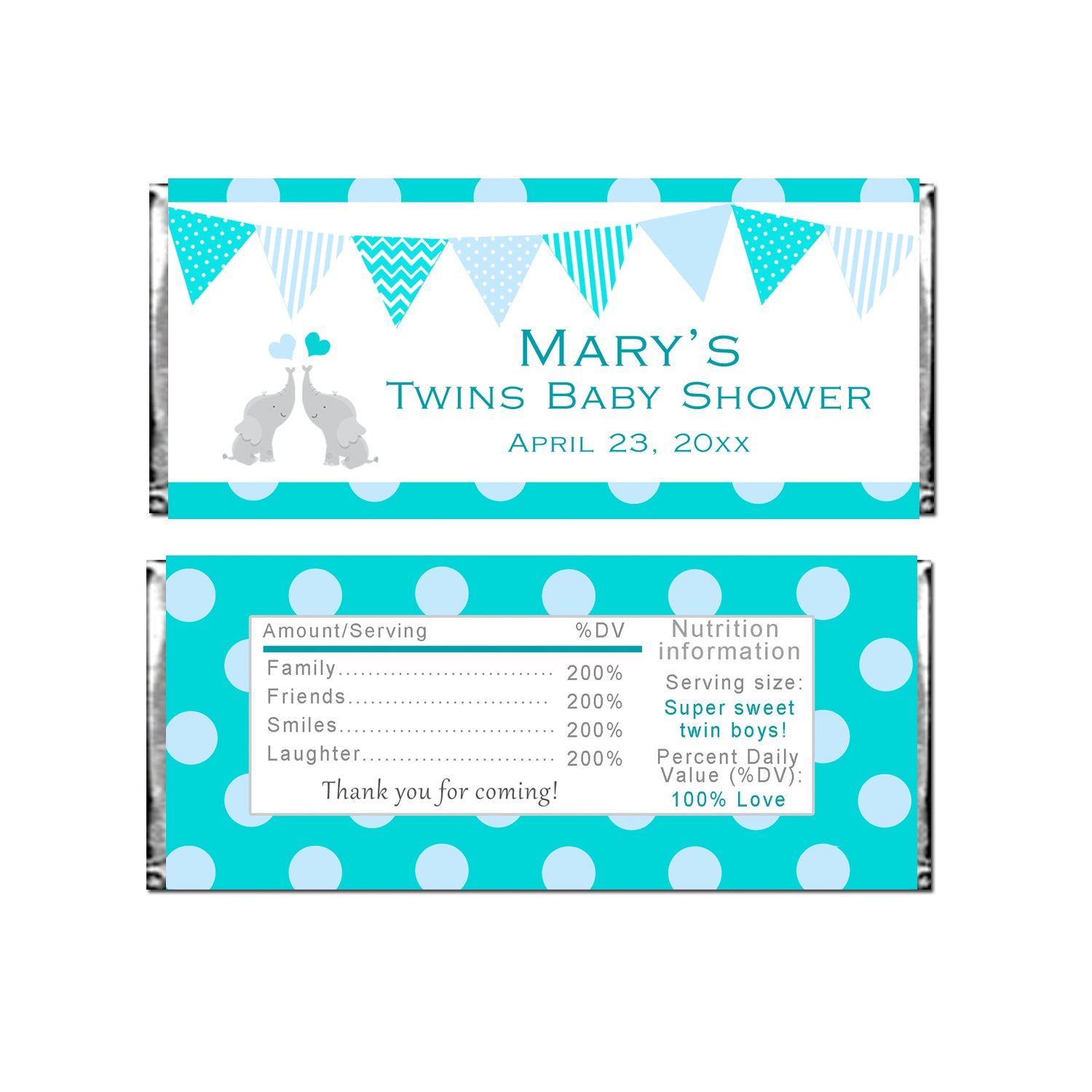 30 candy bar wrappers twin elephants baby shower teal