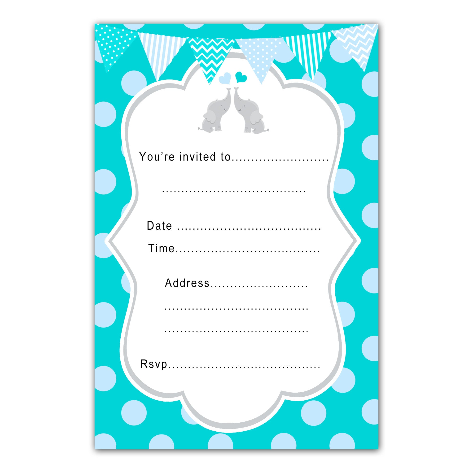 30 elephants birthday invitations fill in teal blue