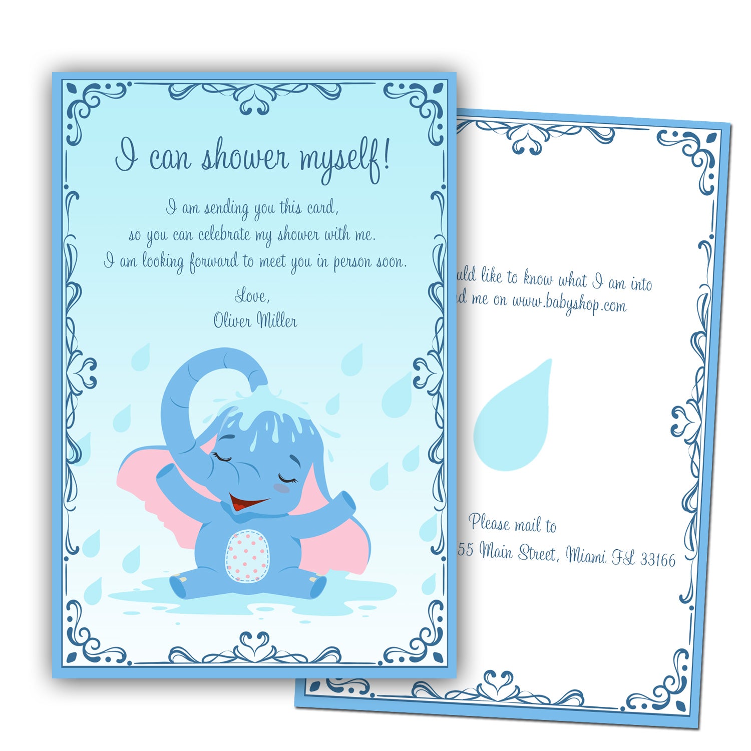 Elephant showering invitation blue