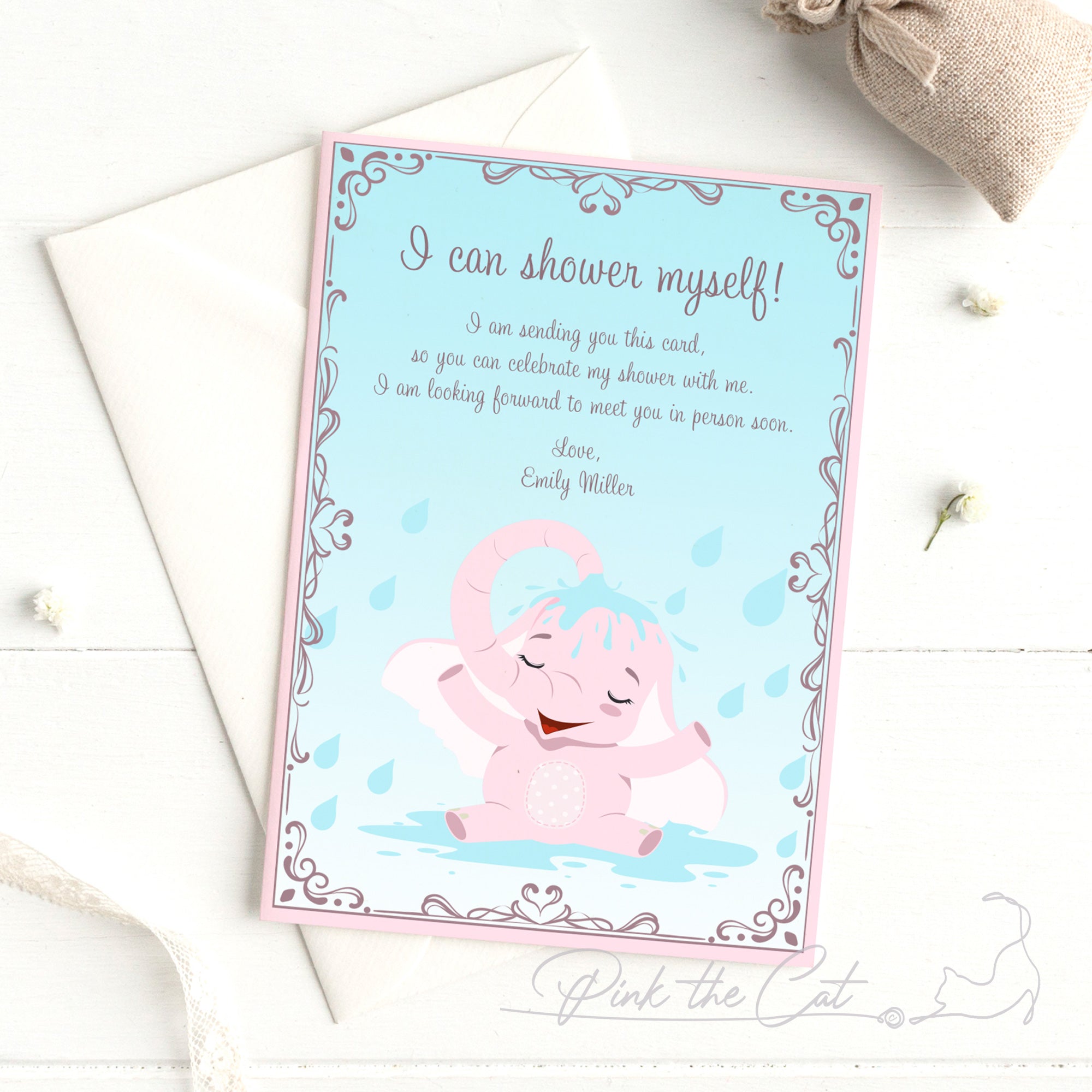 Elephant showering himself baby shower invitation card distant pink