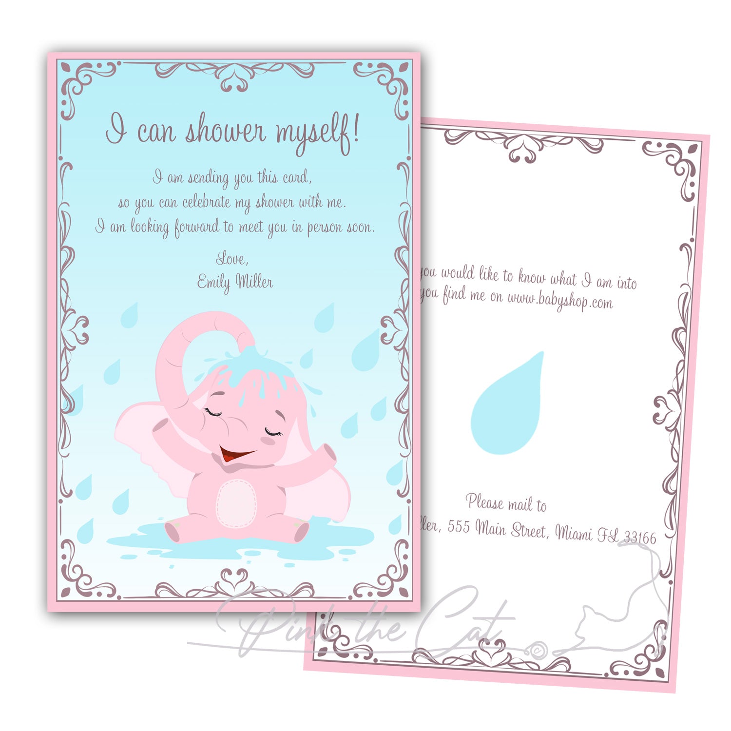 Elephant showering invitation pink