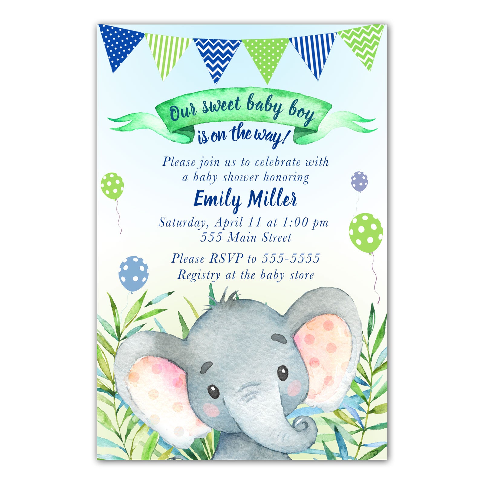 30 invitations watercolor painted elephant boy baby shower