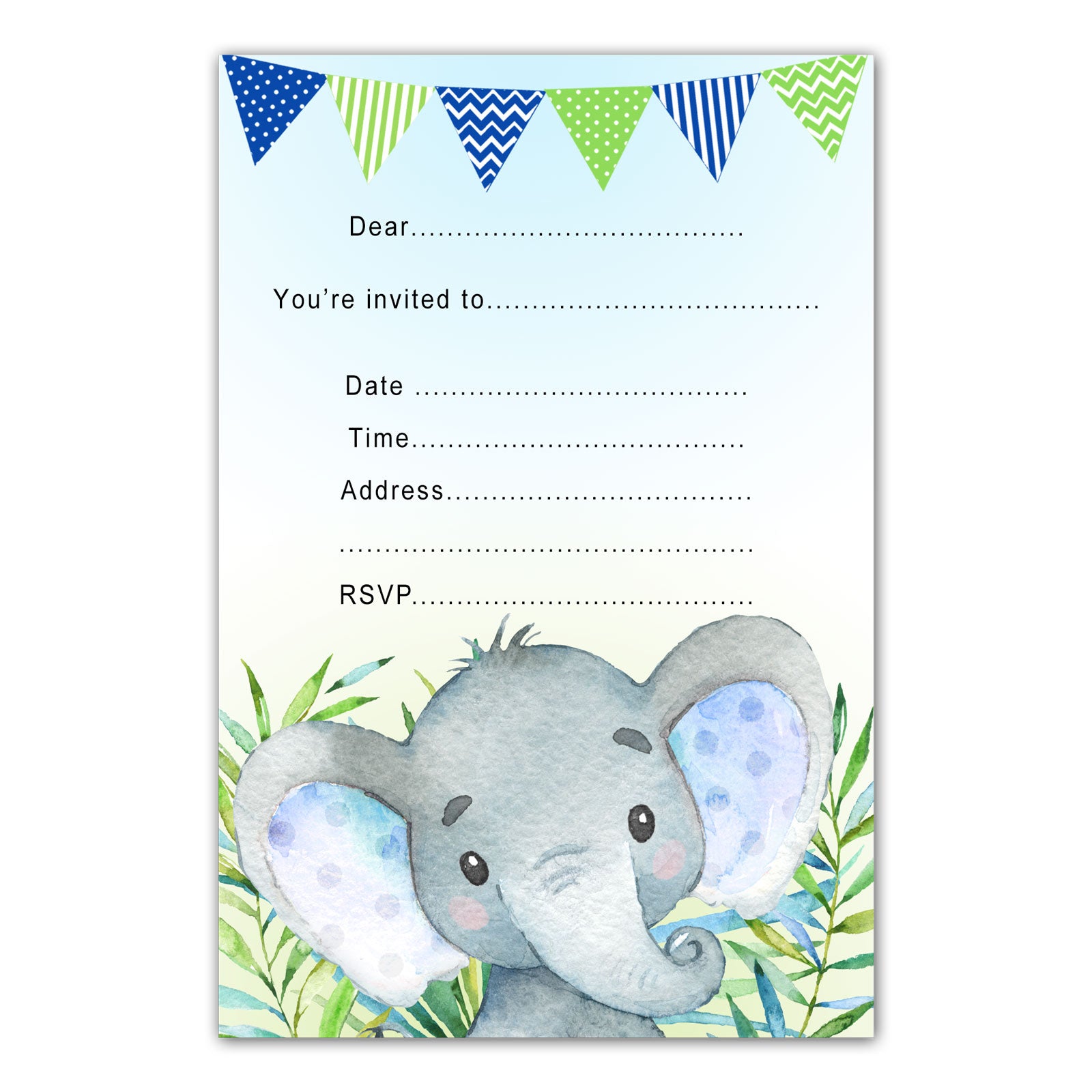 Watercolor elephant birthday invitations fill in blue printable