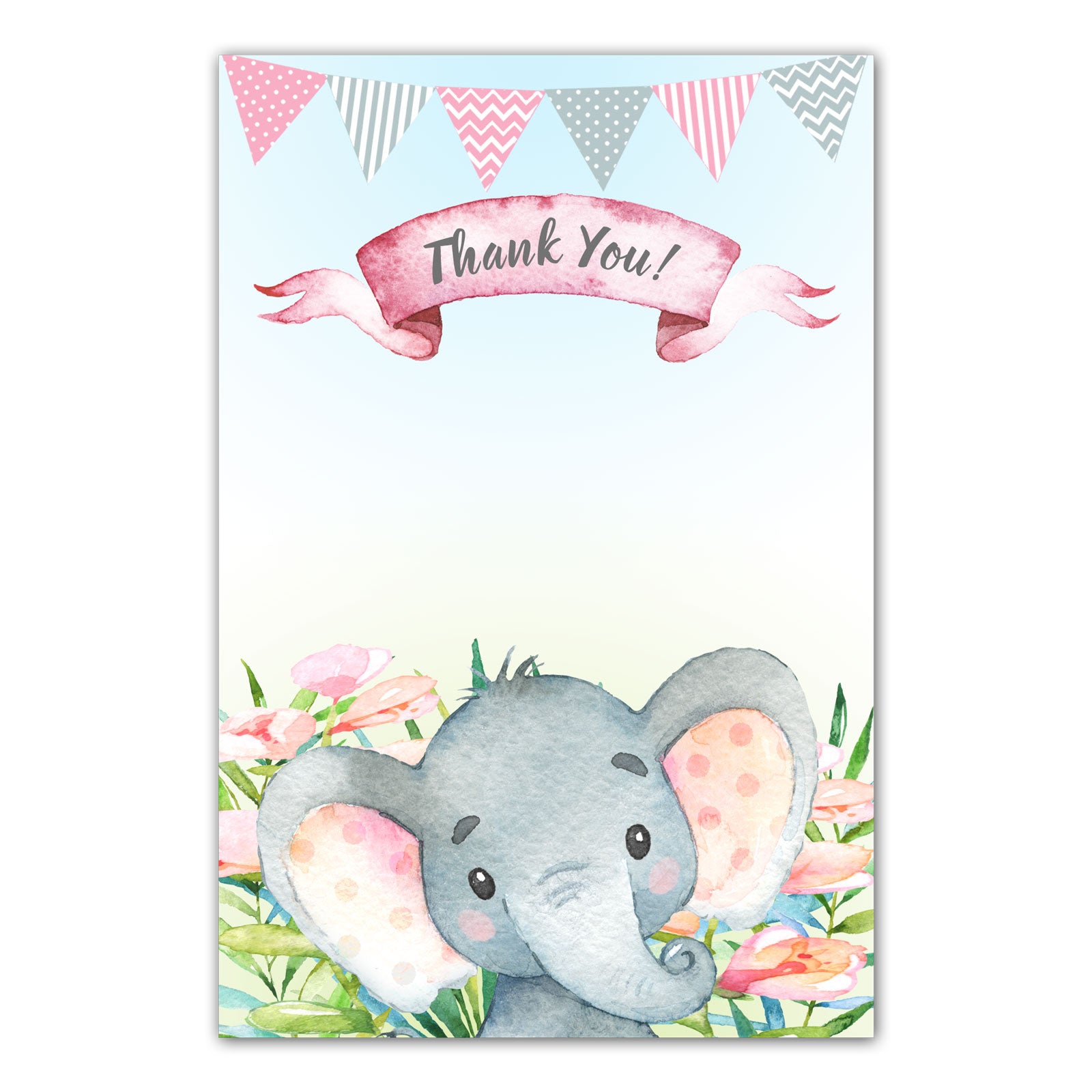 Thank you cards watercolor elephant baby shower pink printable