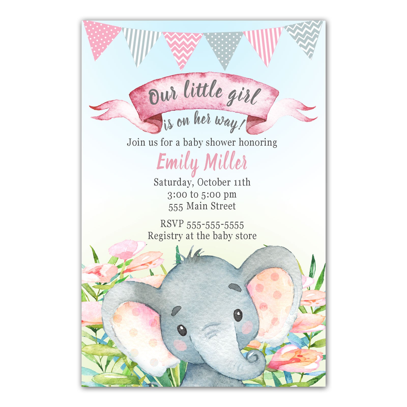 Elephant invitations watercolor painted girl baby shower printable