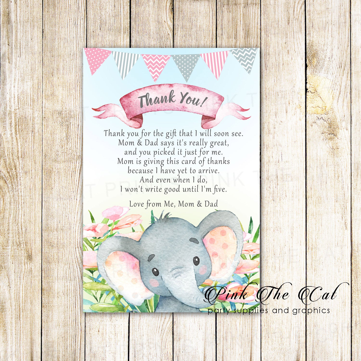Thank you cards watercolor elephant baby shower girl birthday