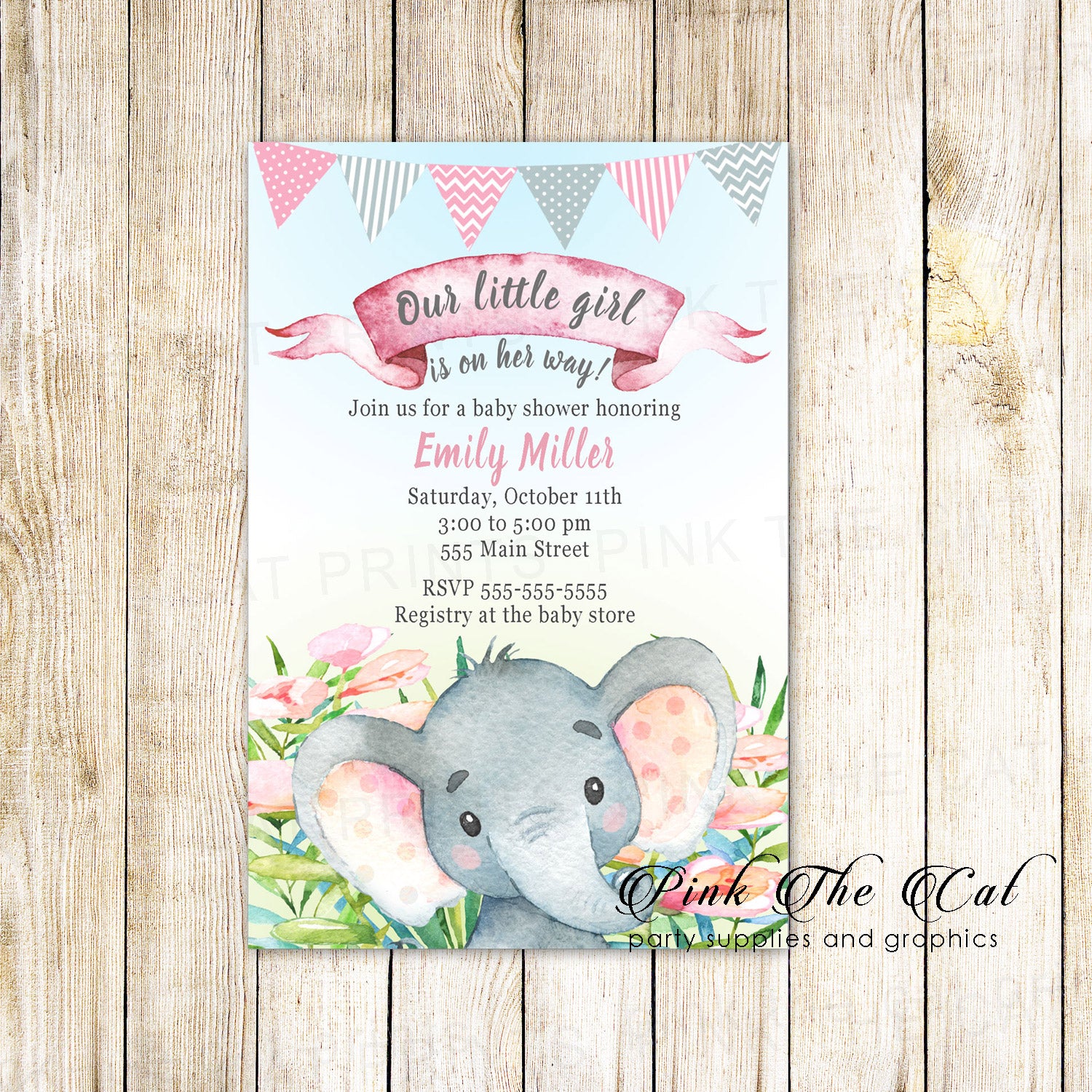 Elephant invitations watercolor painted girl birthday party printable