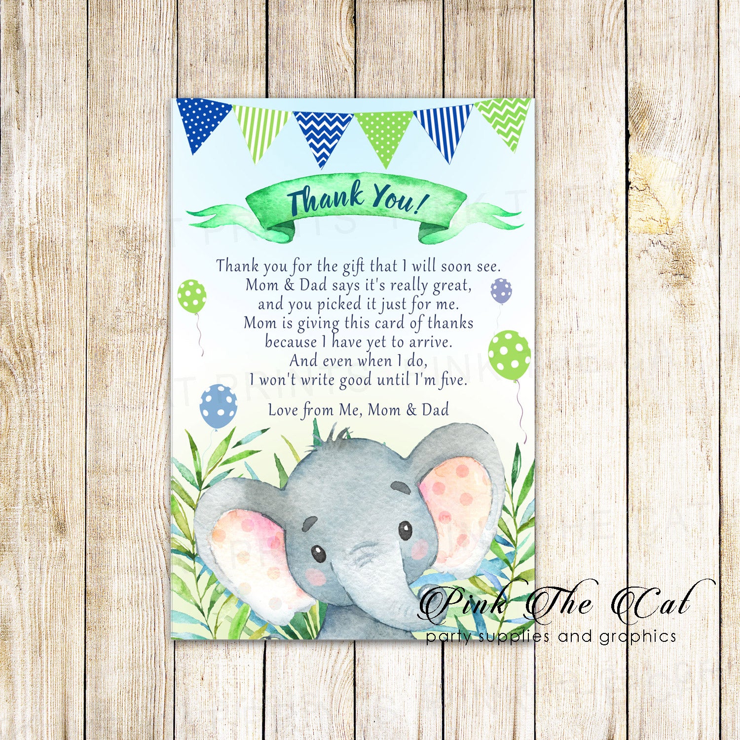 Thank you cards watercolor elephant baby shower boy birthday printable