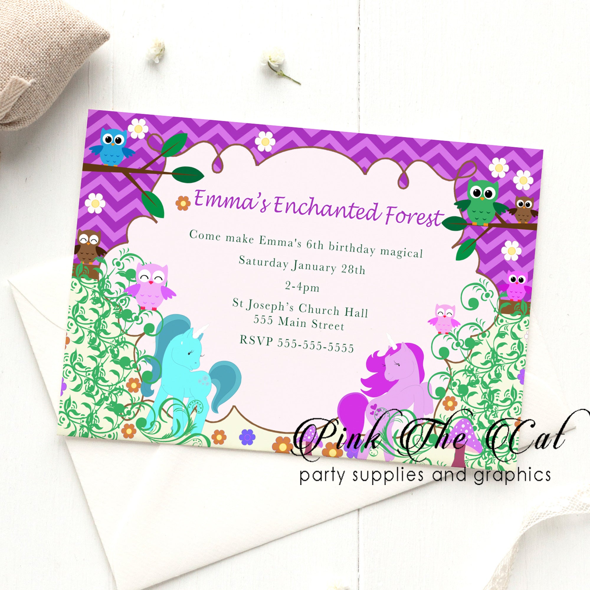 30 Unicorn owl enchated forest invitations girl birthday party