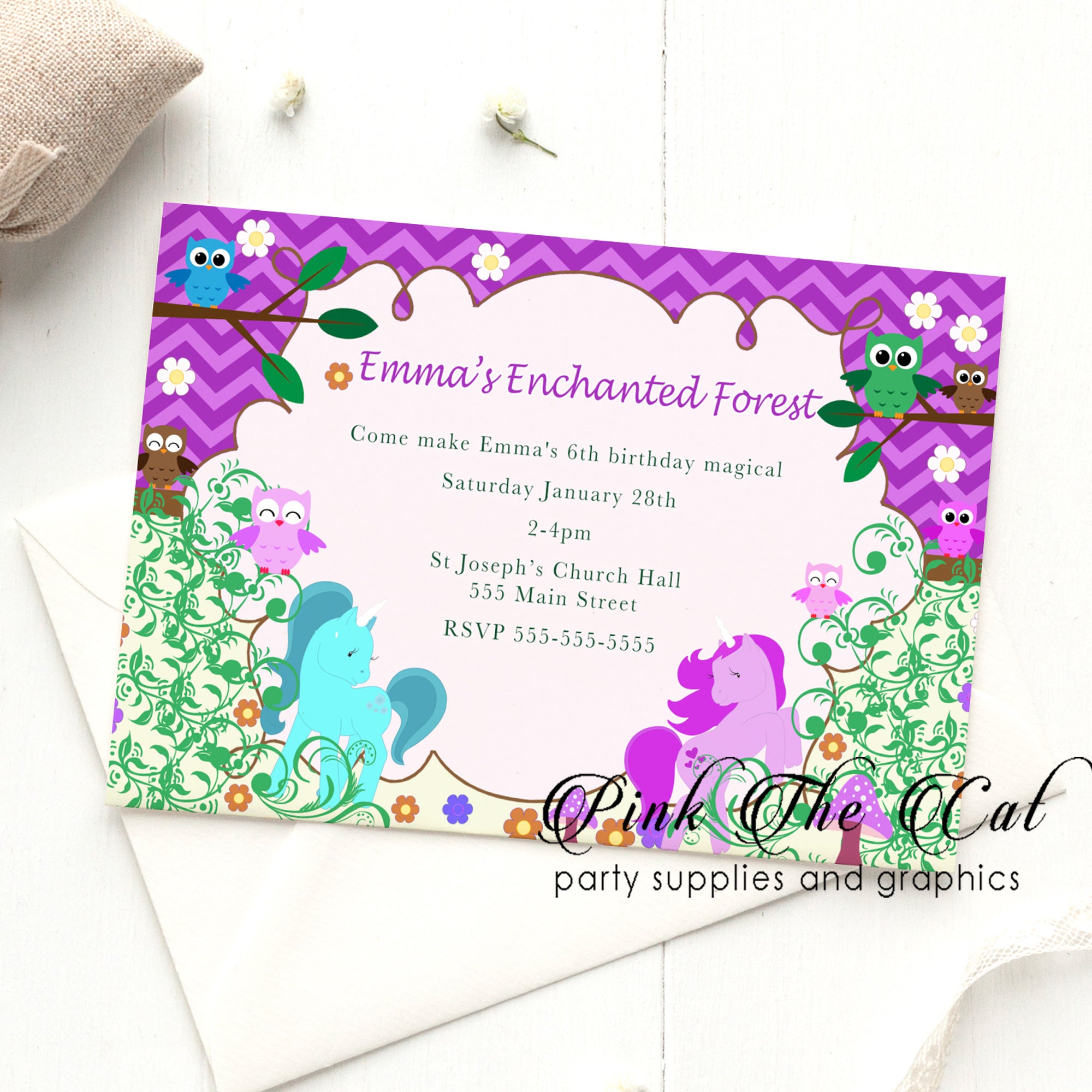 Unicorn owl enchated forest invitation printable