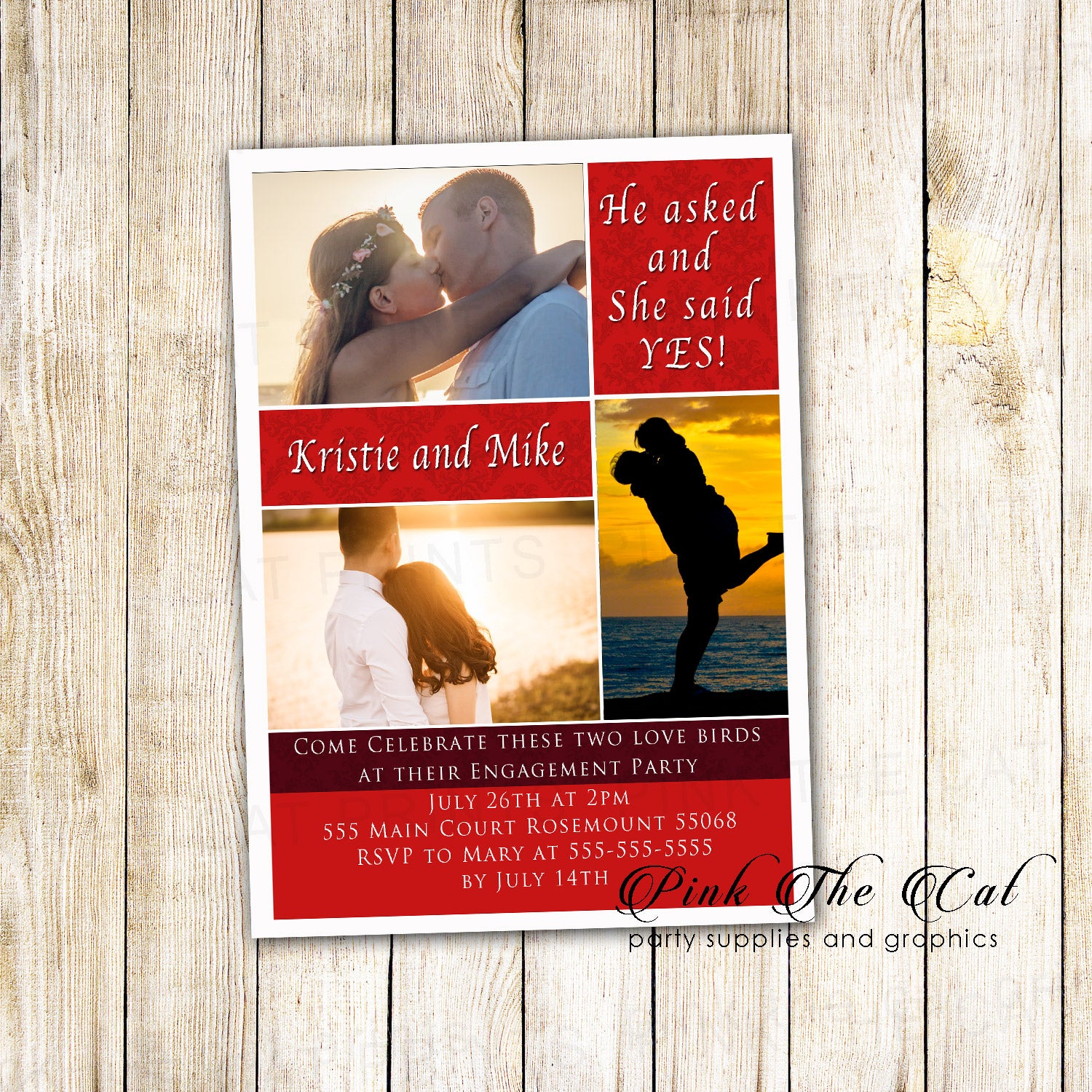 Wedding Engagement Invitation with Photos Red Printable