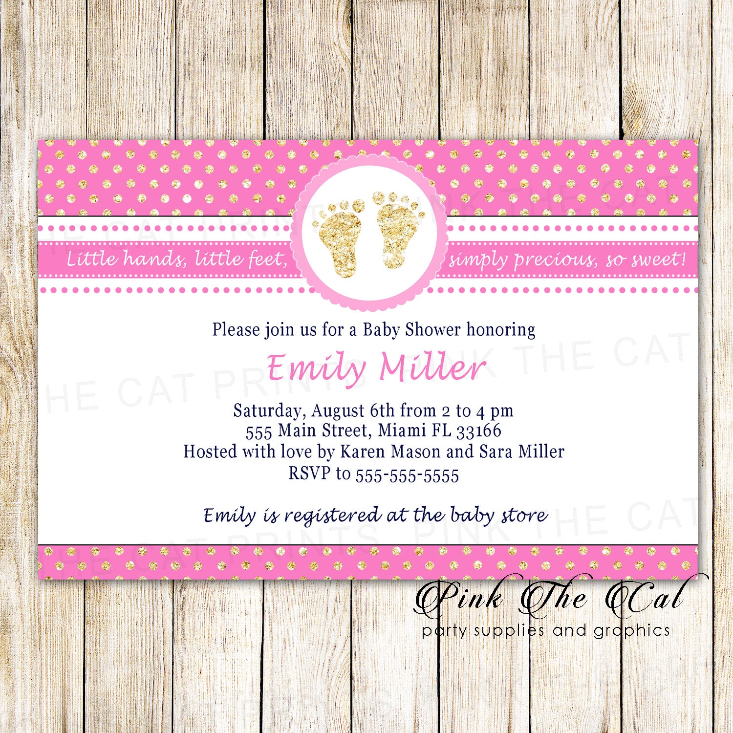 30 invitations girl baby shower pink gold glitter footprints