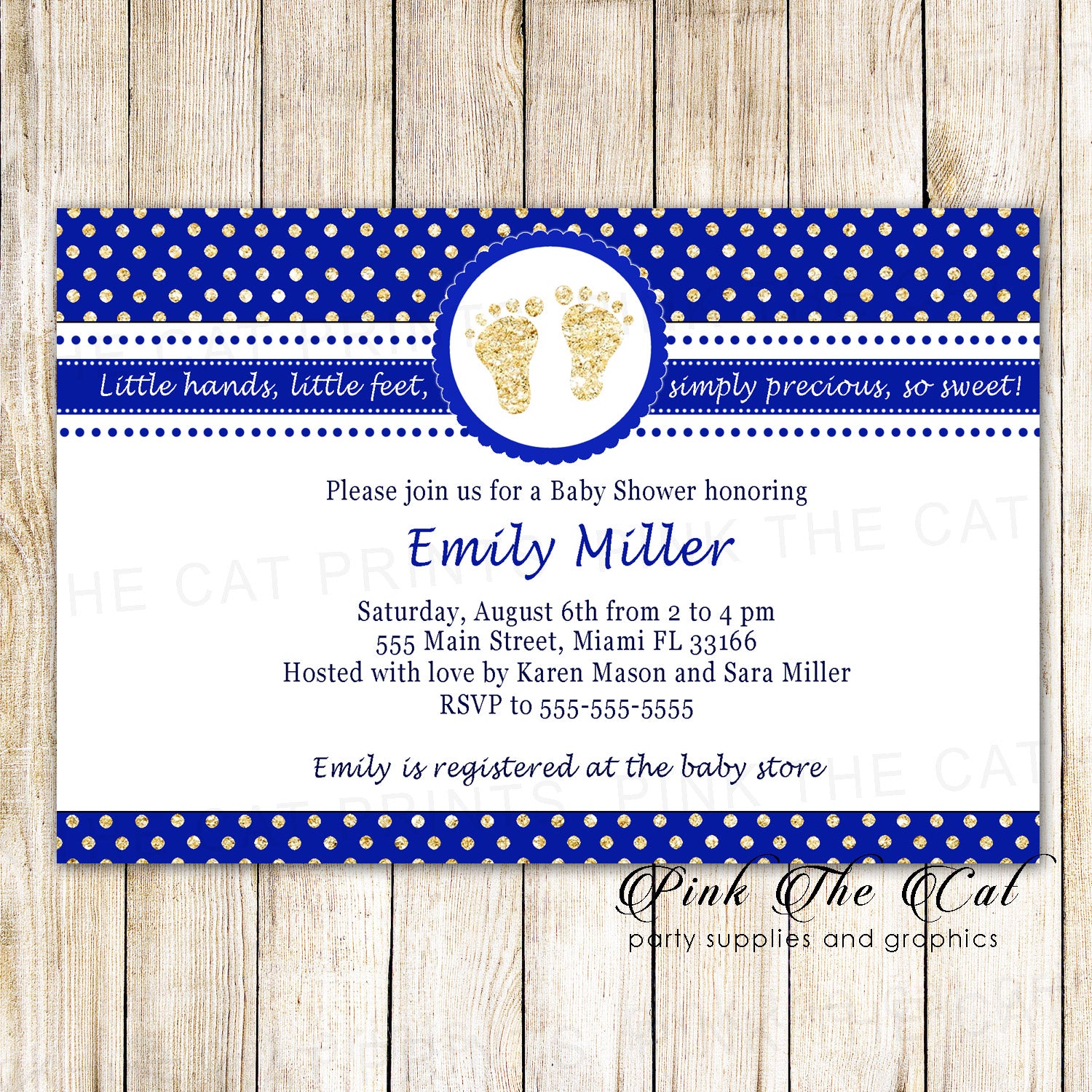 Footprints invitations baby shower royal blue gold printable
