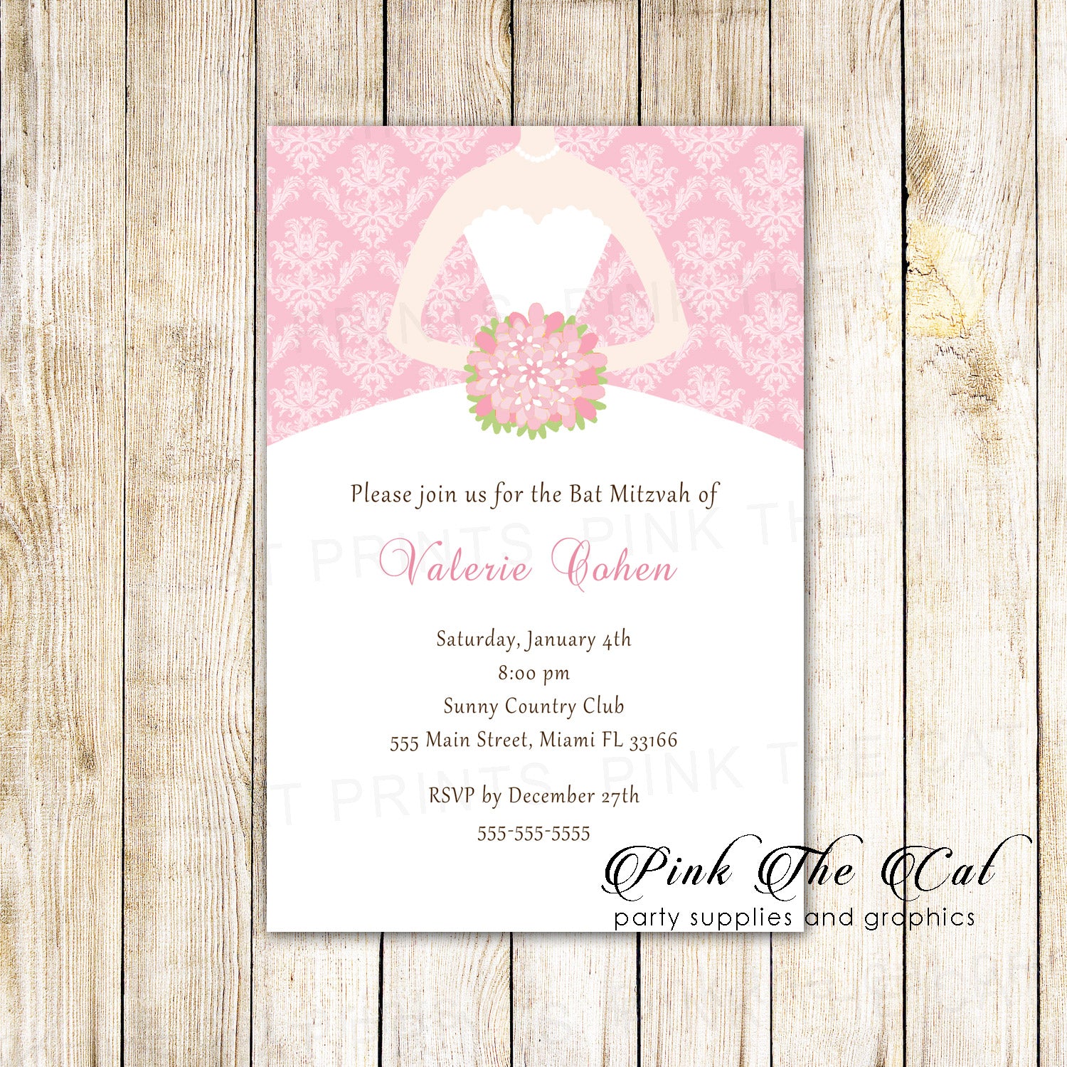 Bat mitzvah invitations pink dress (set of 100)
