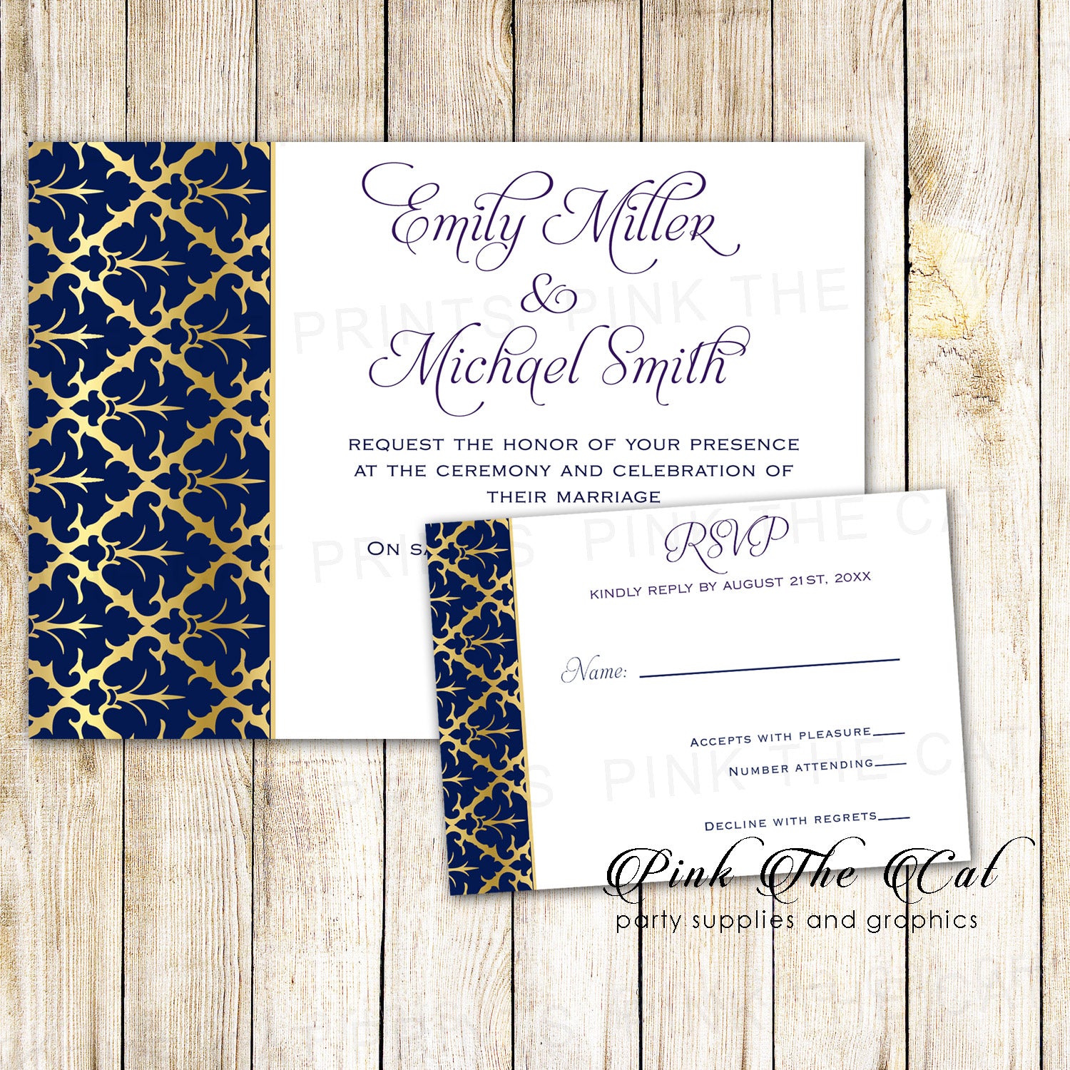 Wedding invitations navy blue gold & response cards printable