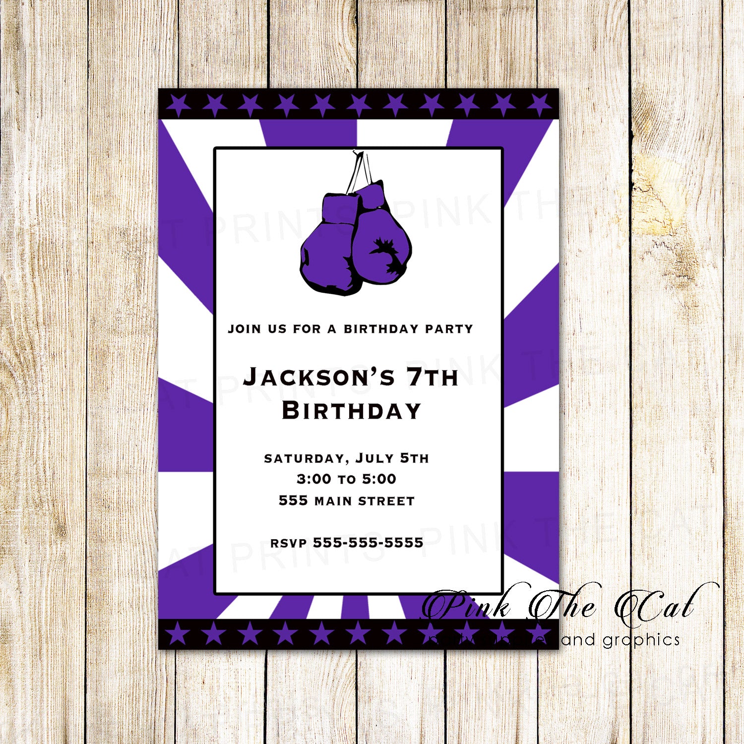 Birthday Invitations Purple Black Sports Boxing Printable