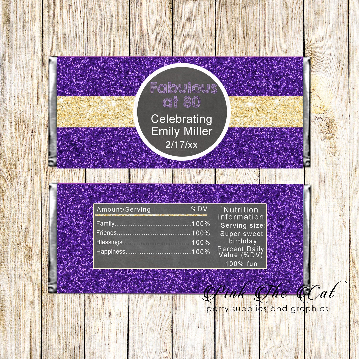 50 Candy Bar Wrappers Glitter Purple Gold Adult Birthday