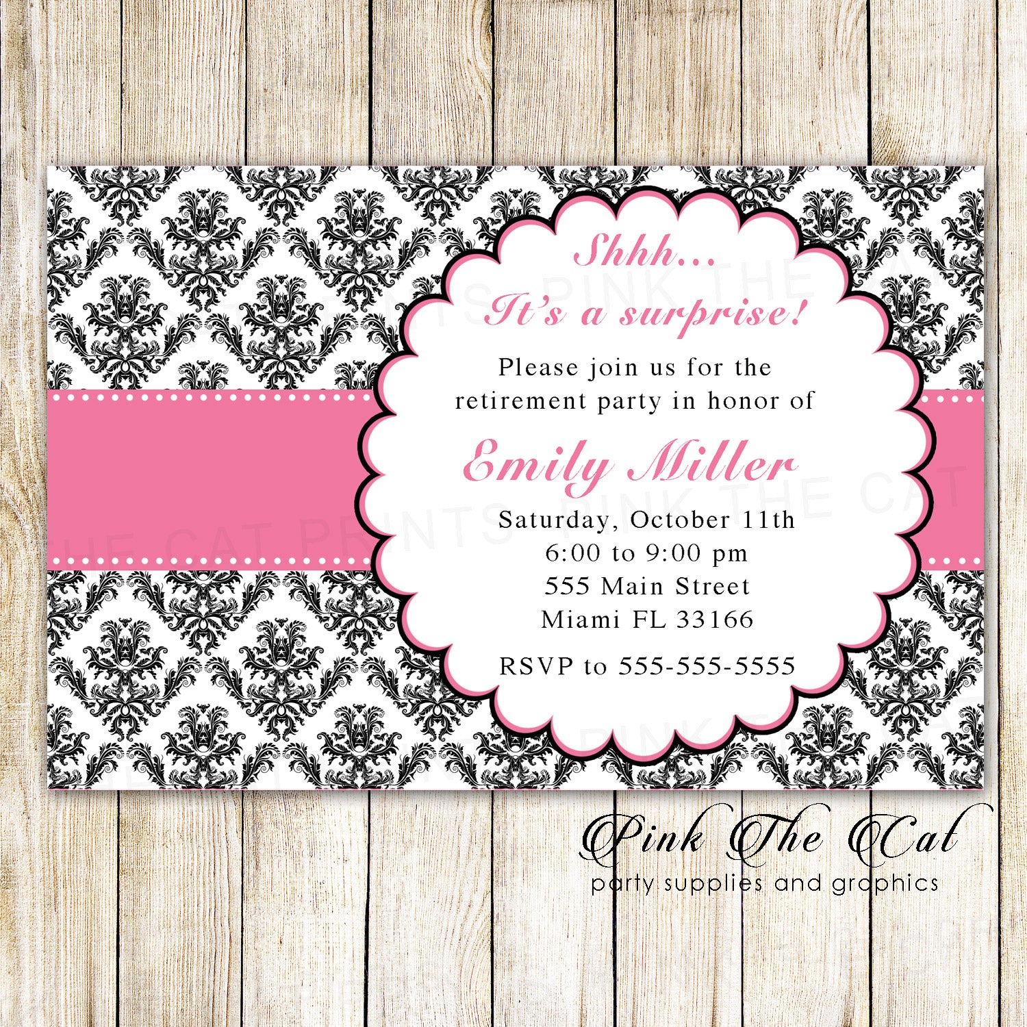 30 Invitations Retirement Party Pink Ribbon Black Damask