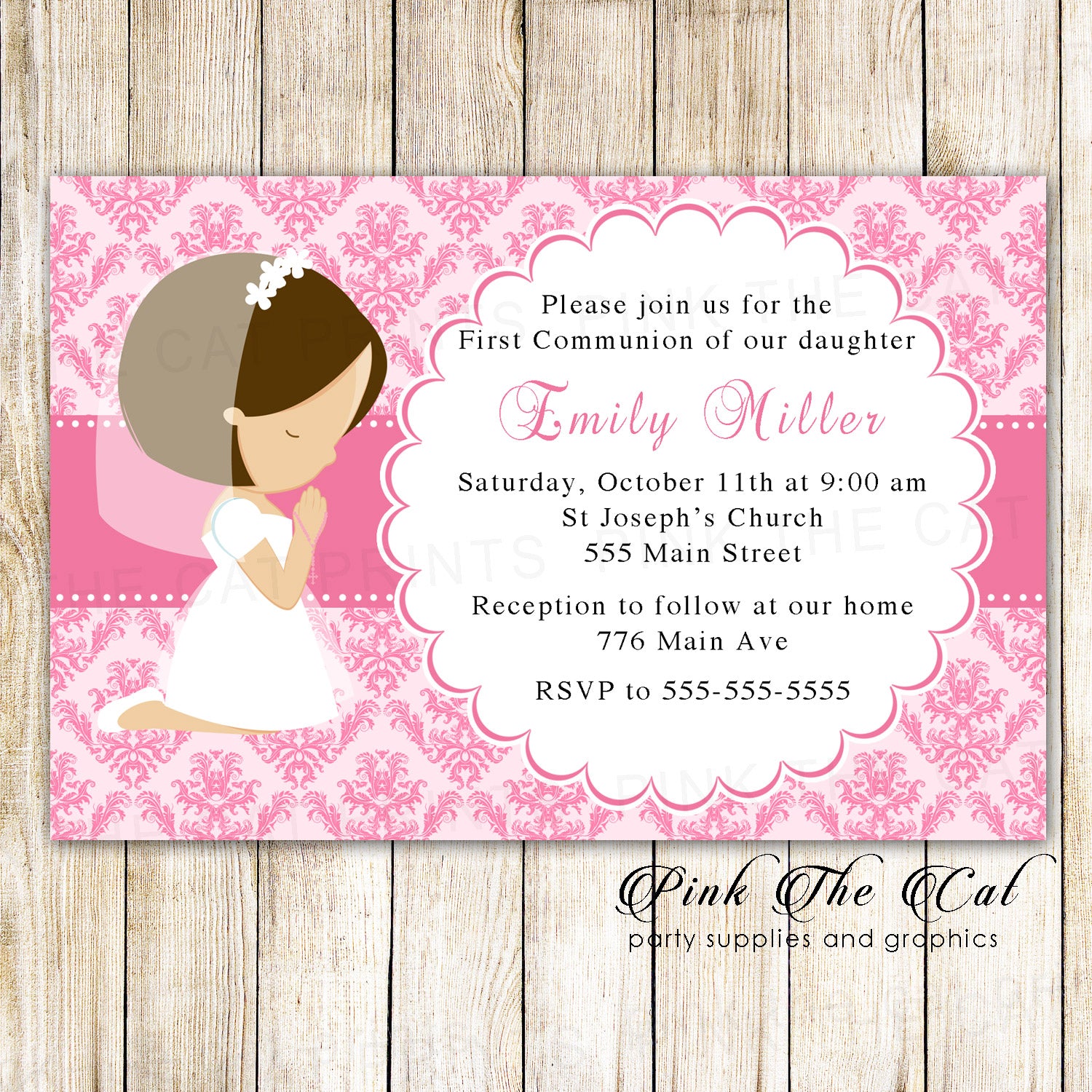 Girl praying first communion confirmation invitation pink