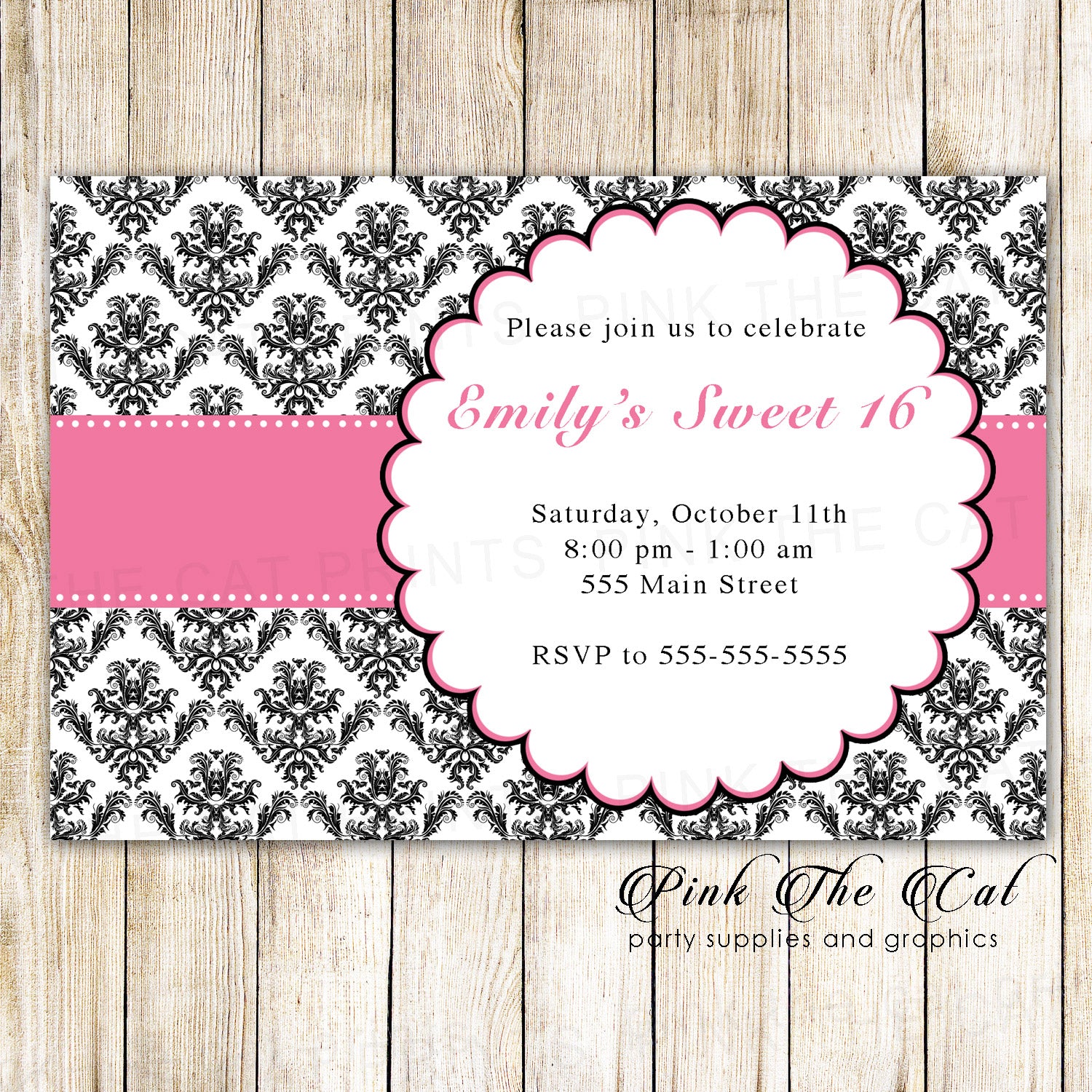  100 invitations sweet 16 quinceanera pink black with envelopes
