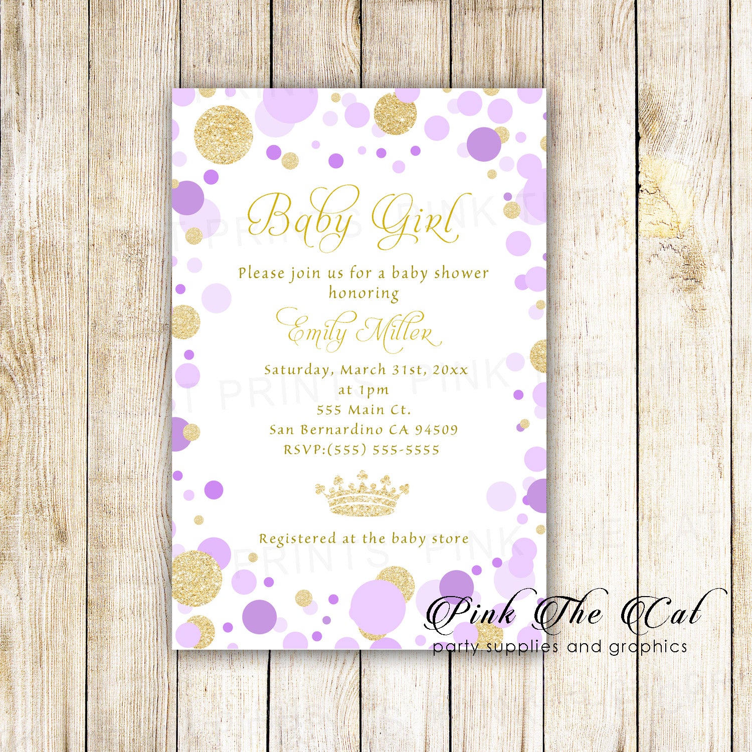 Purple and gold sales baby shower invitations