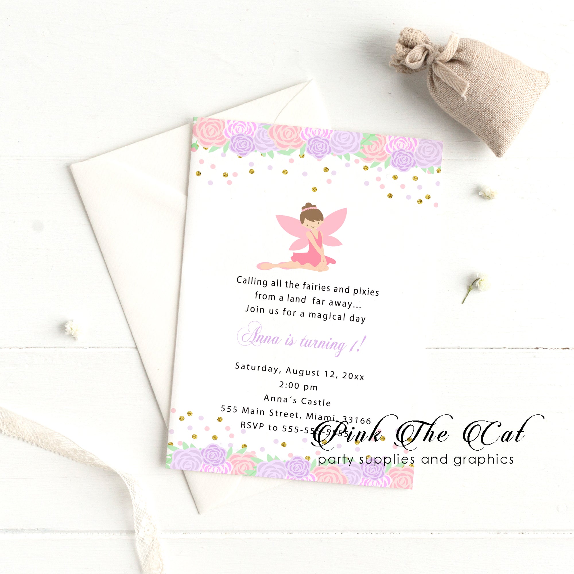 Fairy floral invitation pink purple printable birthday baby shower