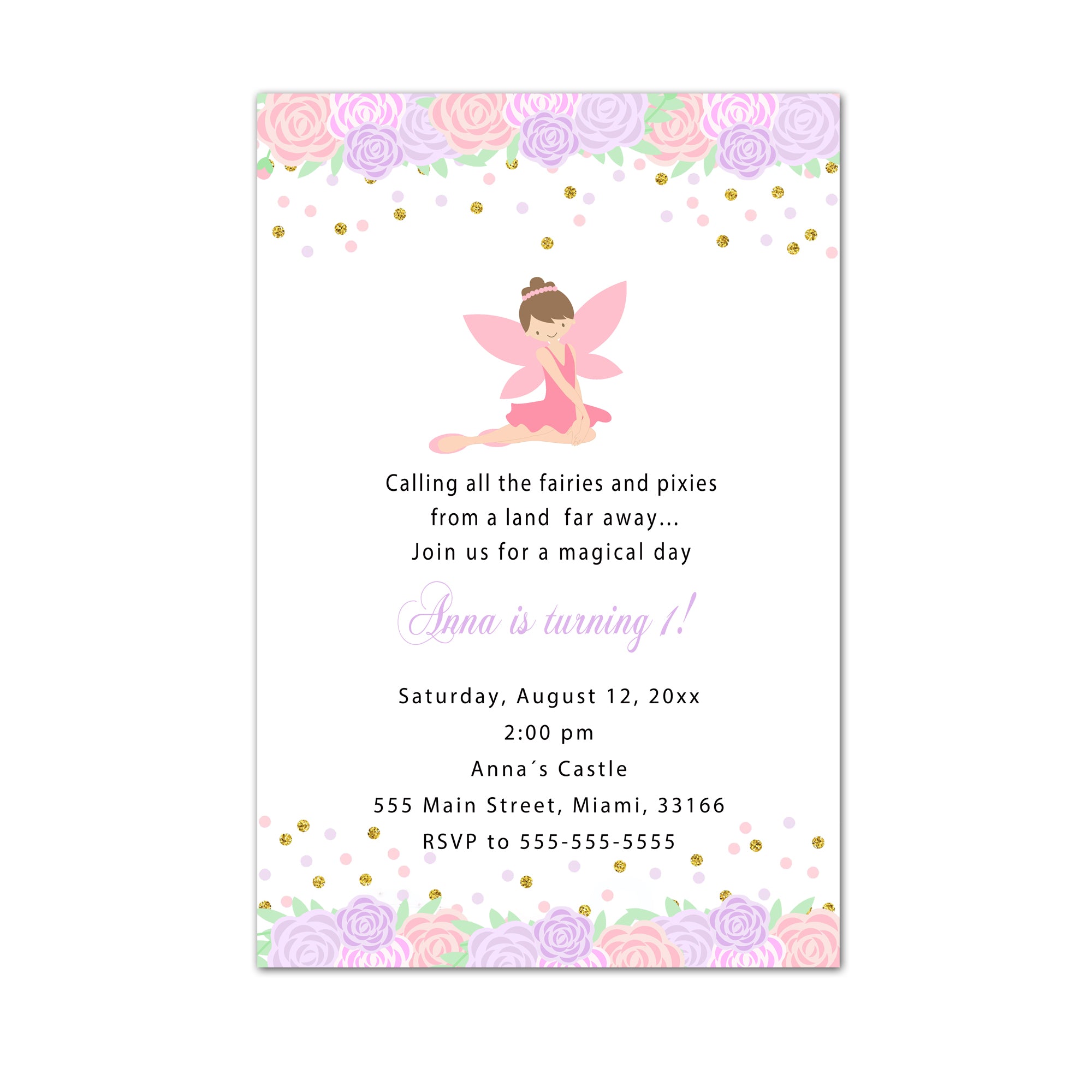 Fairy invitations pink purple floral (set of 30)
