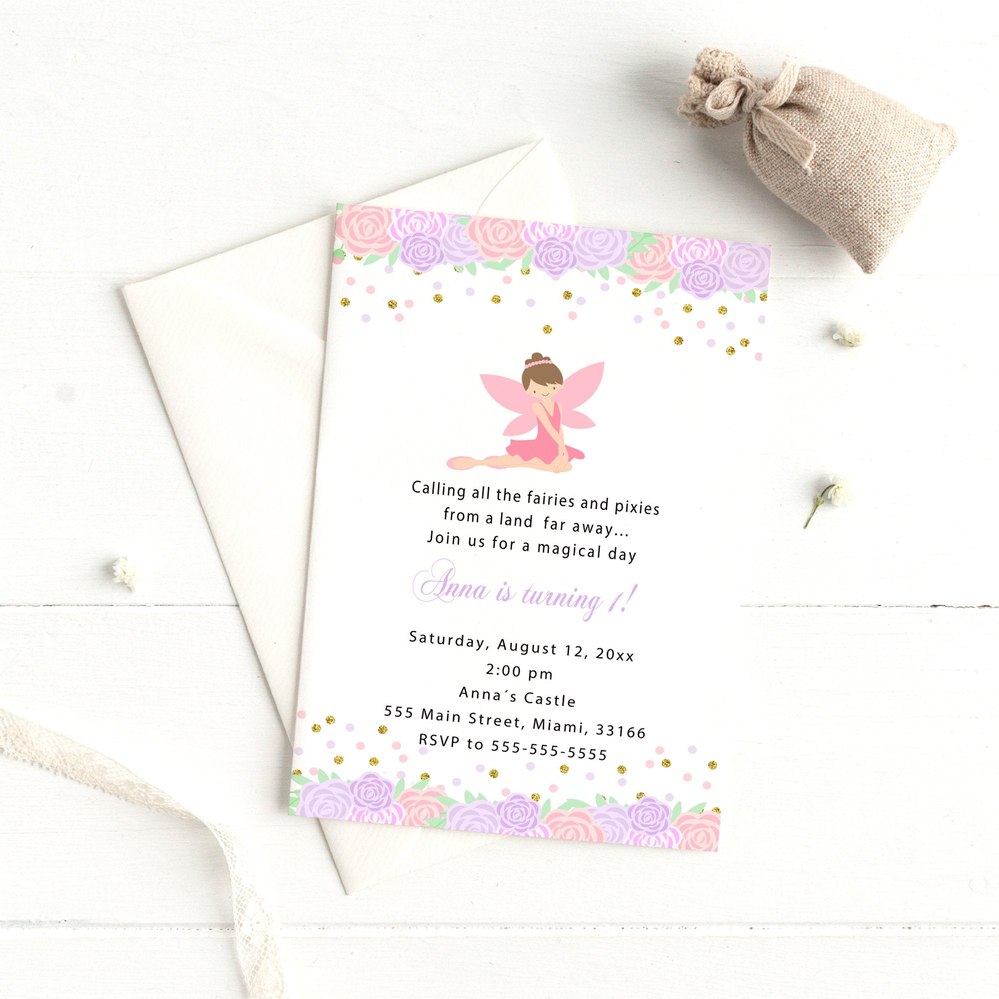 Fairy invitations pink purple floral (set of 30)