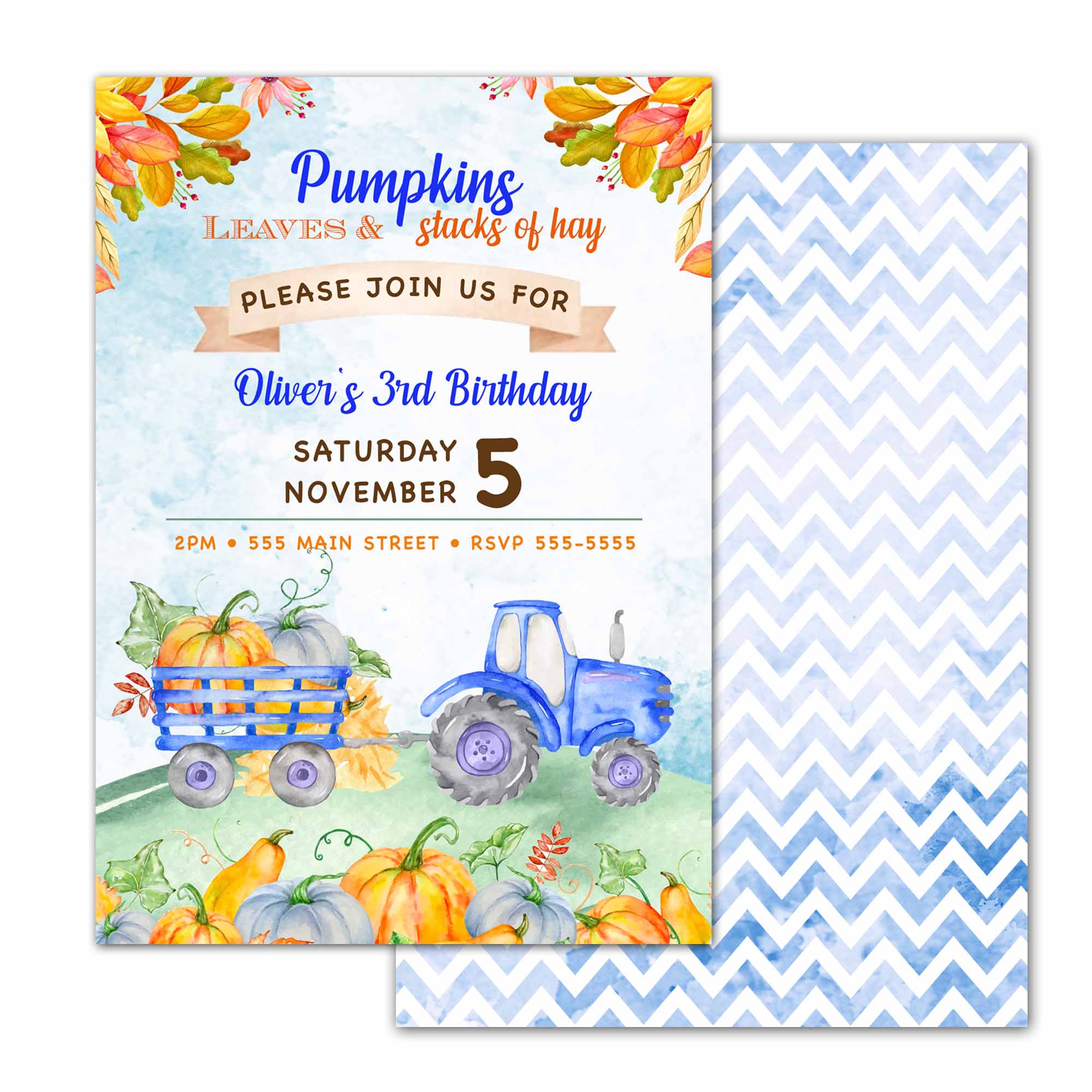 Fall pumpkin tractor birthday invitation