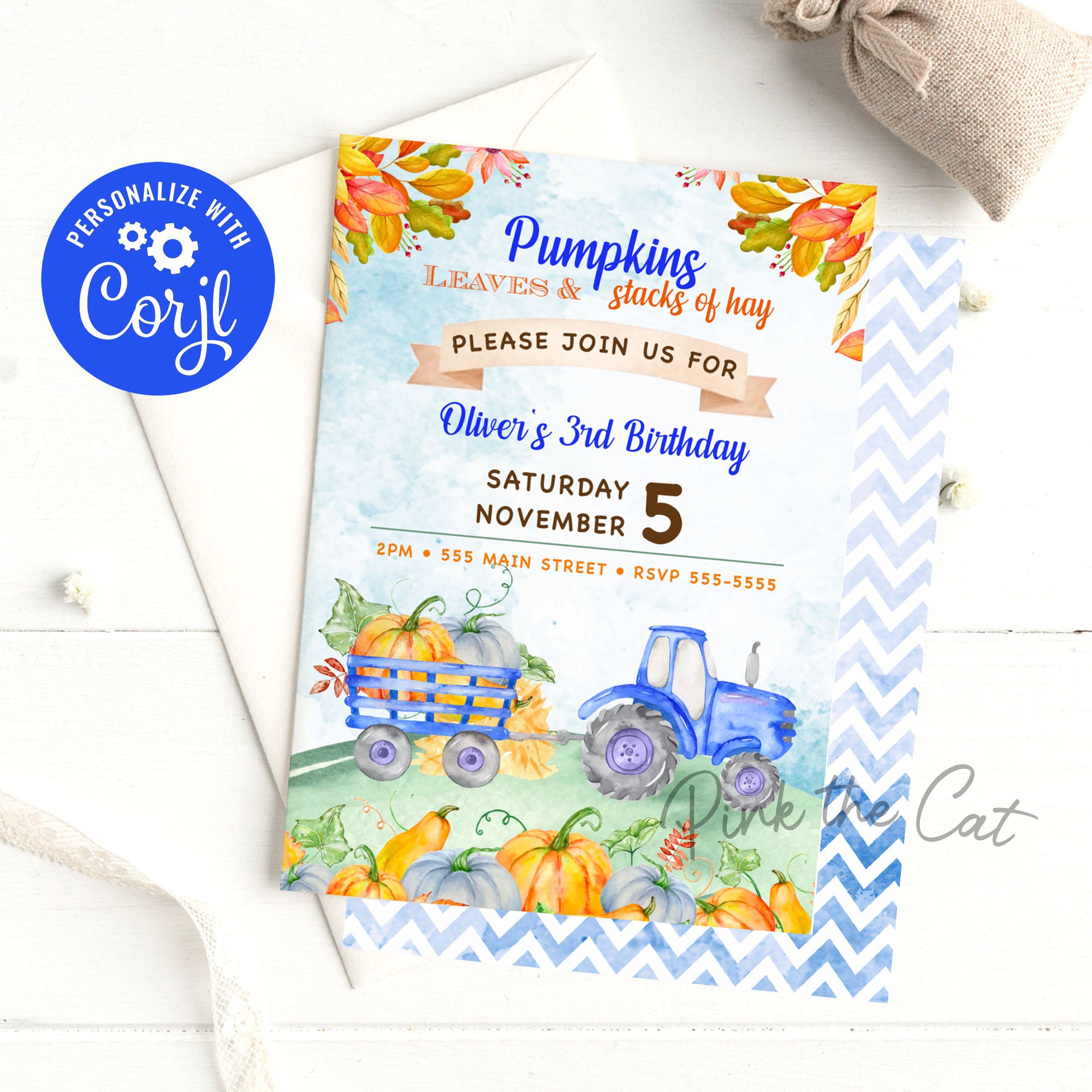 Fall pumpkin tractor birthday invitation