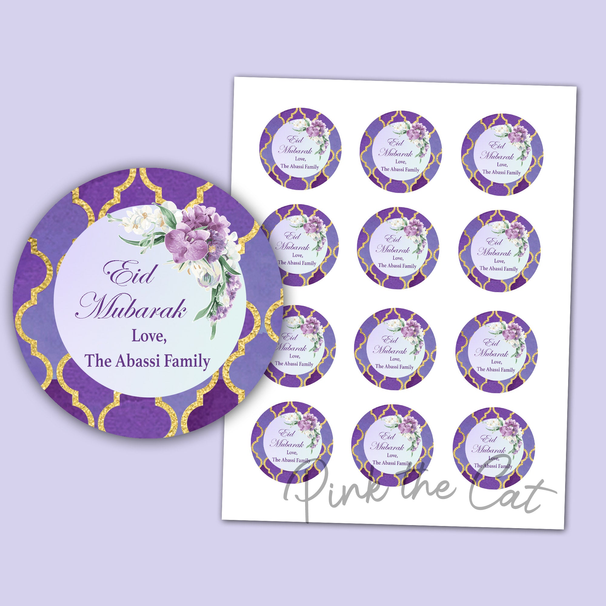 Eid mubarak stickers al adha favor labels tags floral lavender gold
