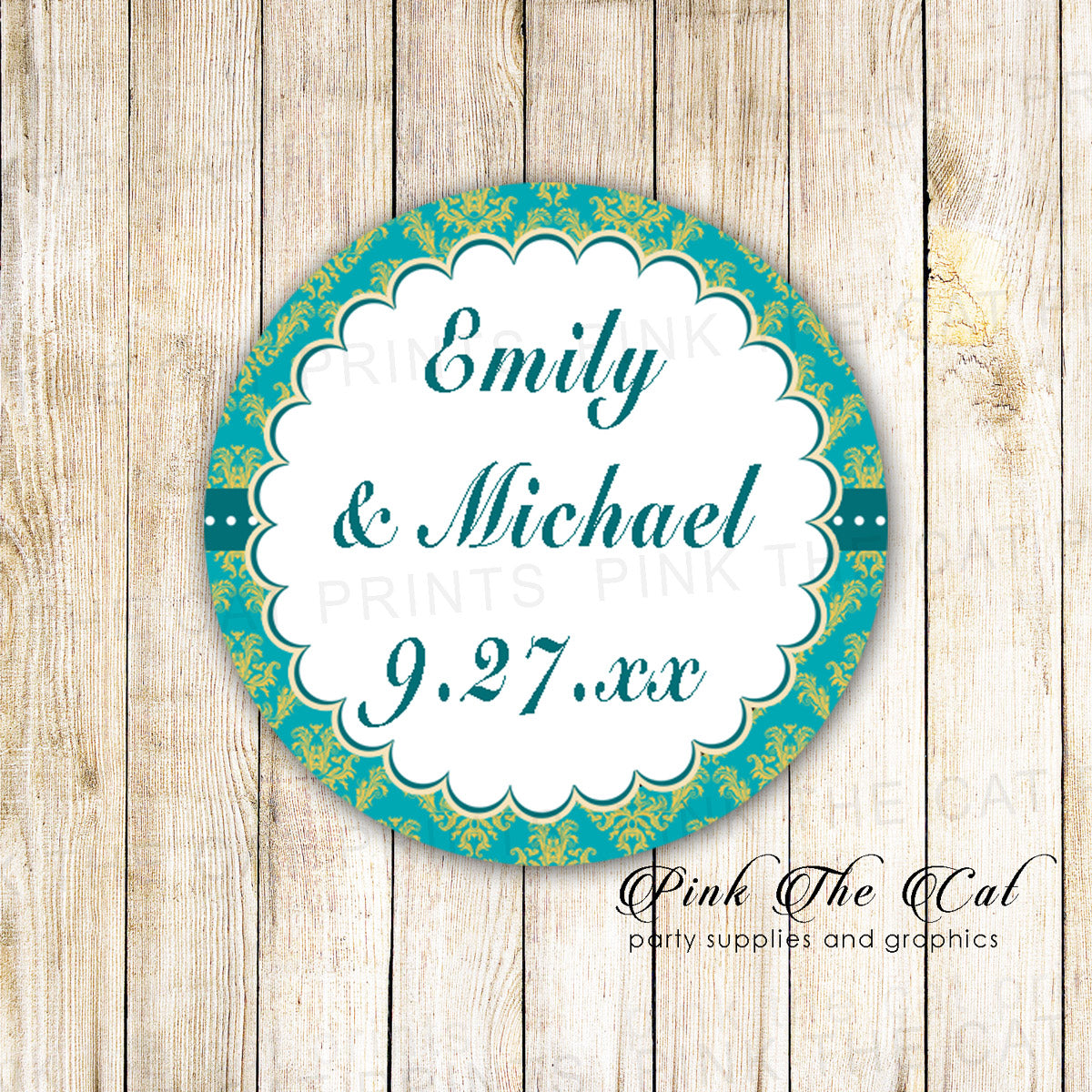 40 Stickers Favor Label Damask Teal Gold Adult Birthday