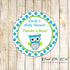 Owl favor label birthday baby shower teal green printable