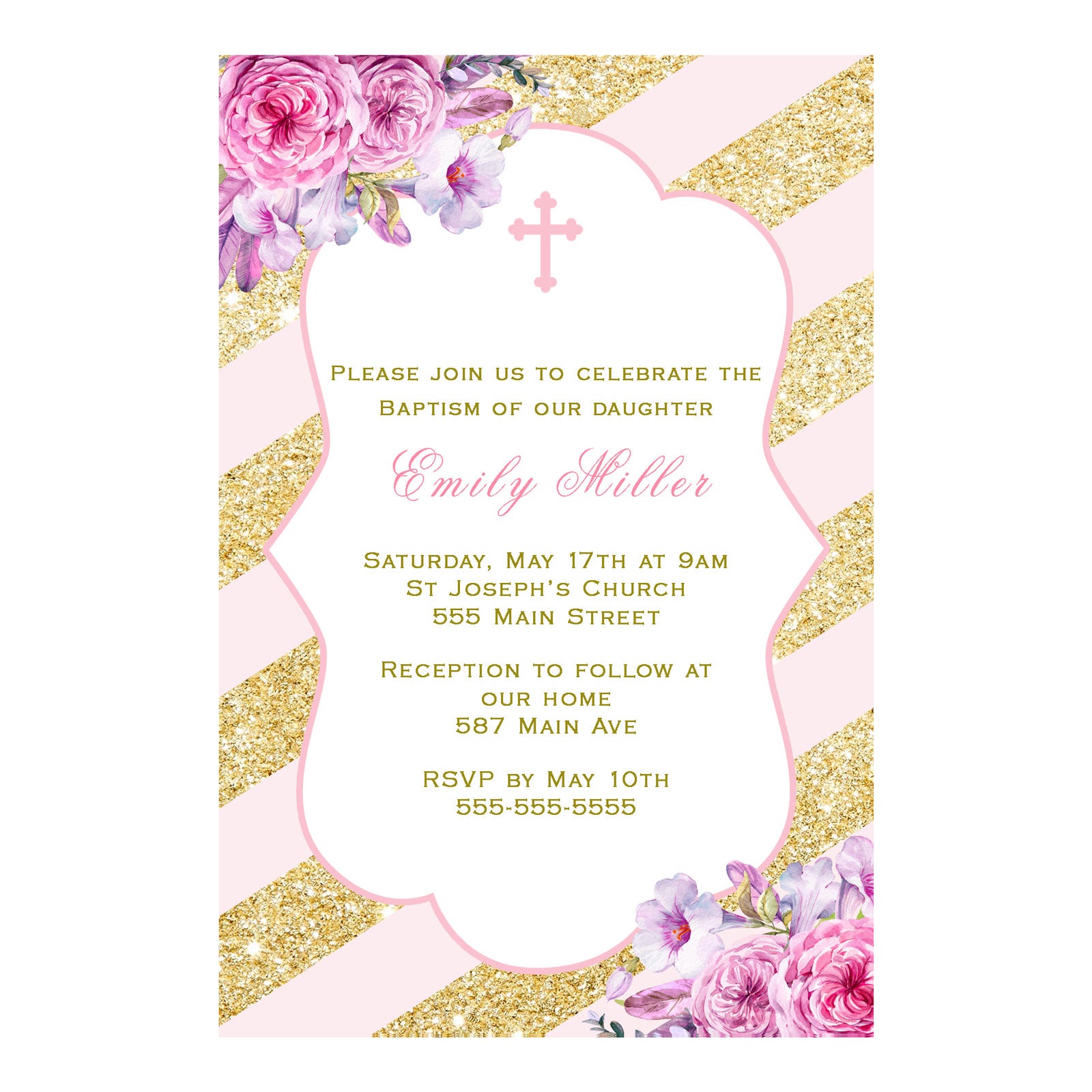 30 invitations girl baptism christening blush pink gold glitter