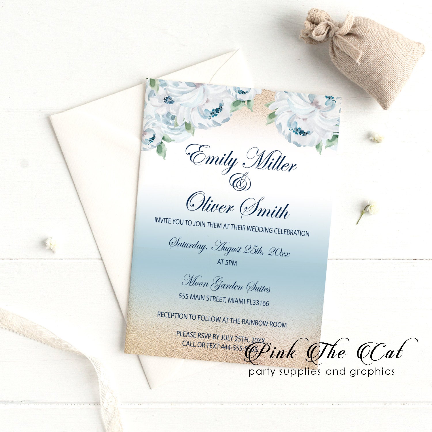 Floral white roses blue gold wedding invitations personalized (set of 100)