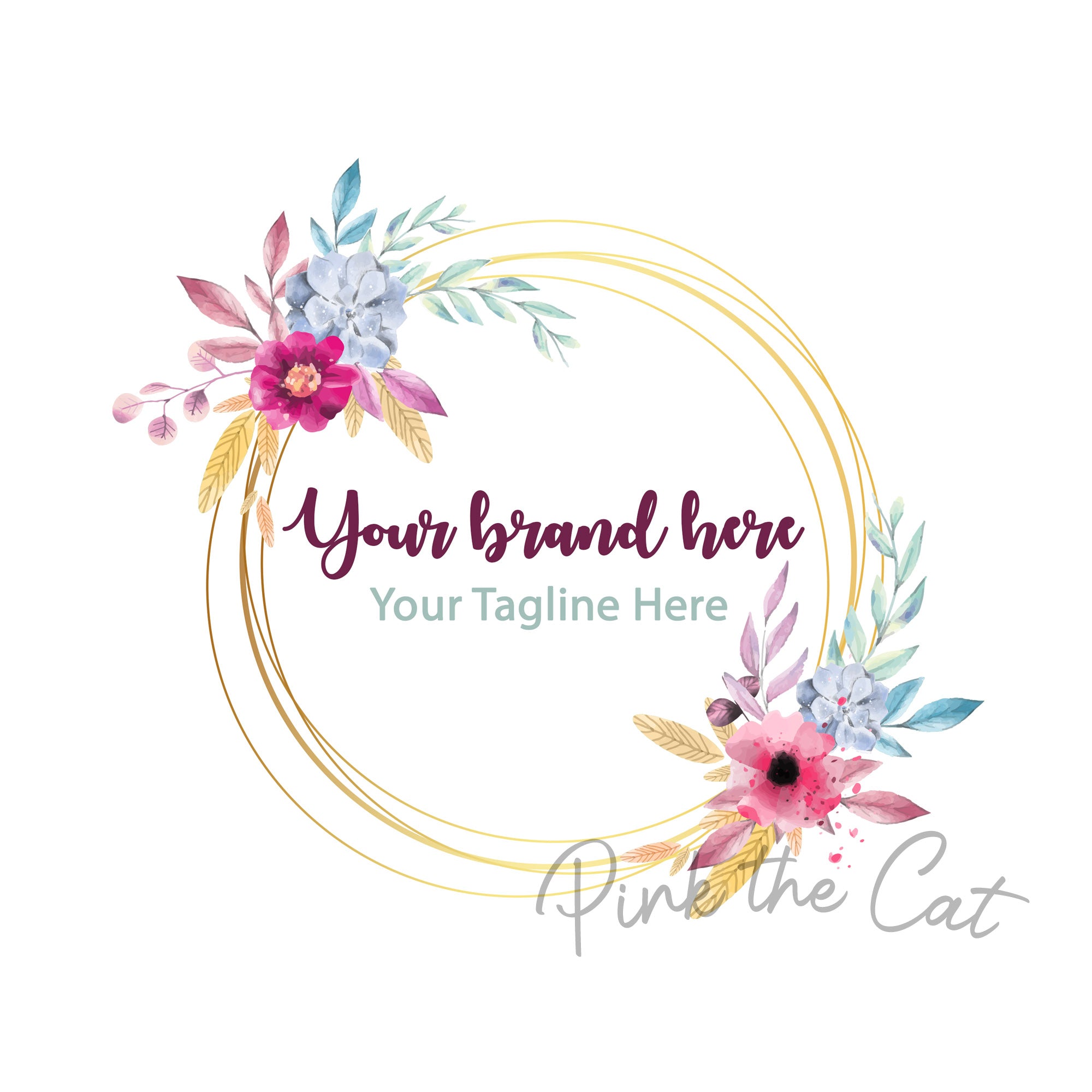 Premade pink blue gold floral logo design
