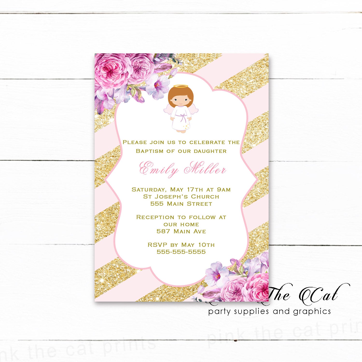 30 invitations girl baptism christening blush pink gold angel