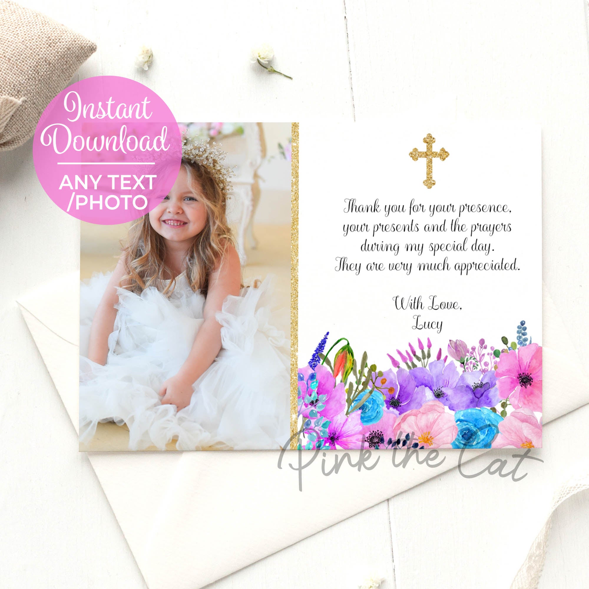 Floral Baptism Christening Thank You Note Photo Card