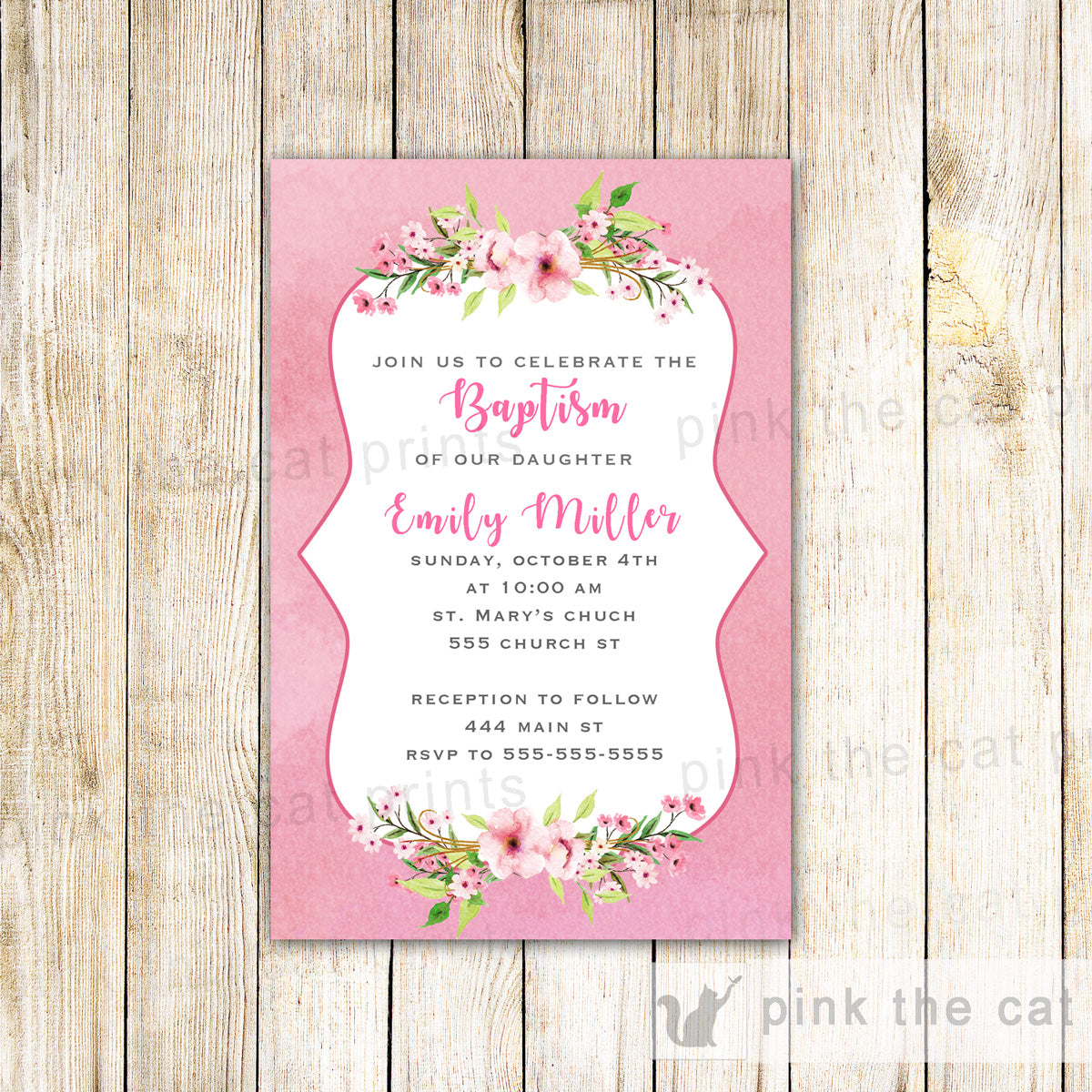 Watercolor Floral Invitation Girl Baptism Christening Pink