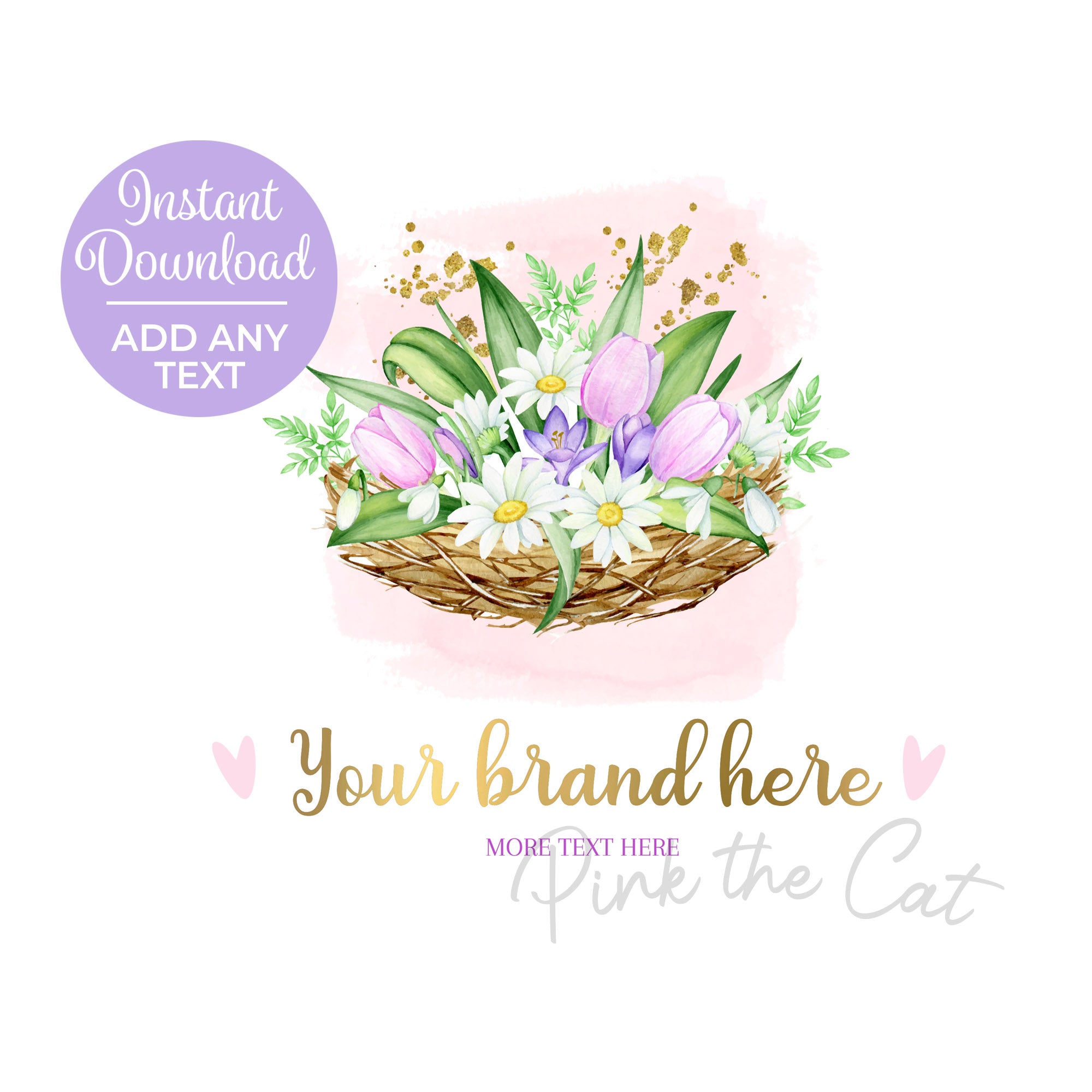 Floral basket watercolor logo pink gold