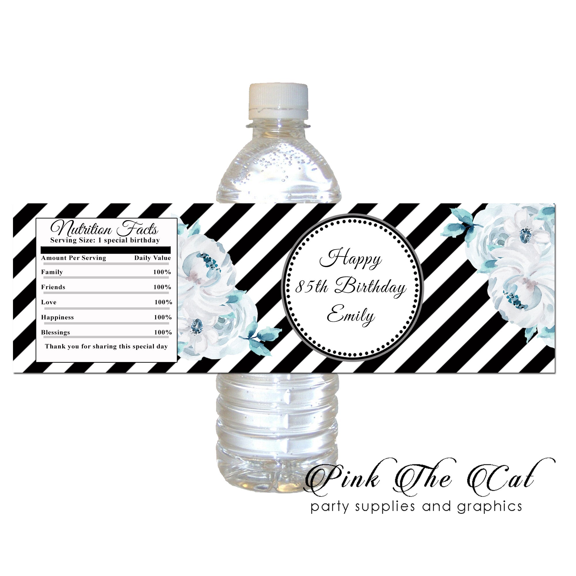 Floral blue black bottle label (set of 60)