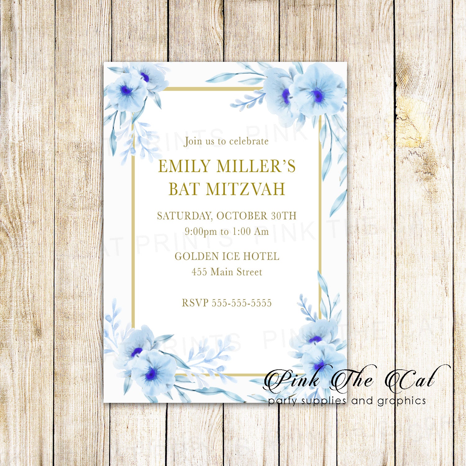 100 floral invitations bat mitzvah light blue gold personalized