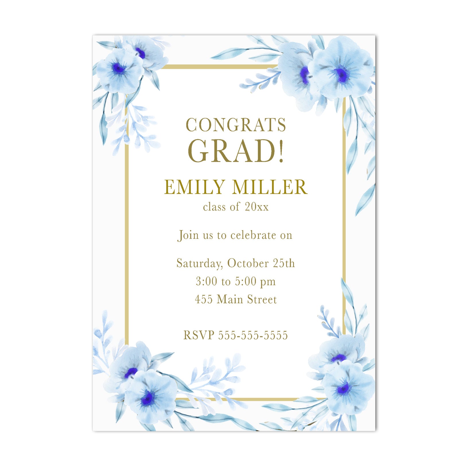 30 invitations floral light blue gold graduation personalized