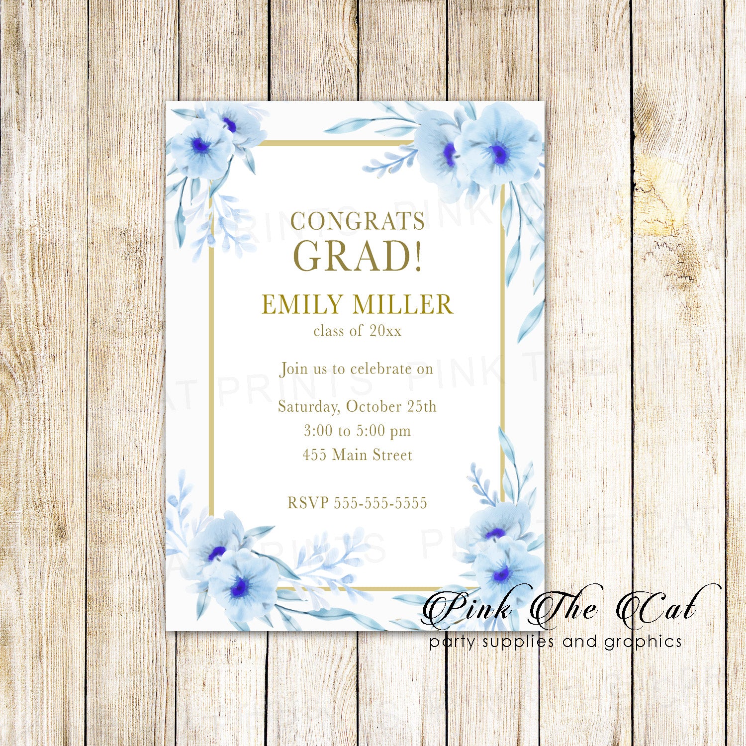 Floral graduation invitation light gold blue printable personalized