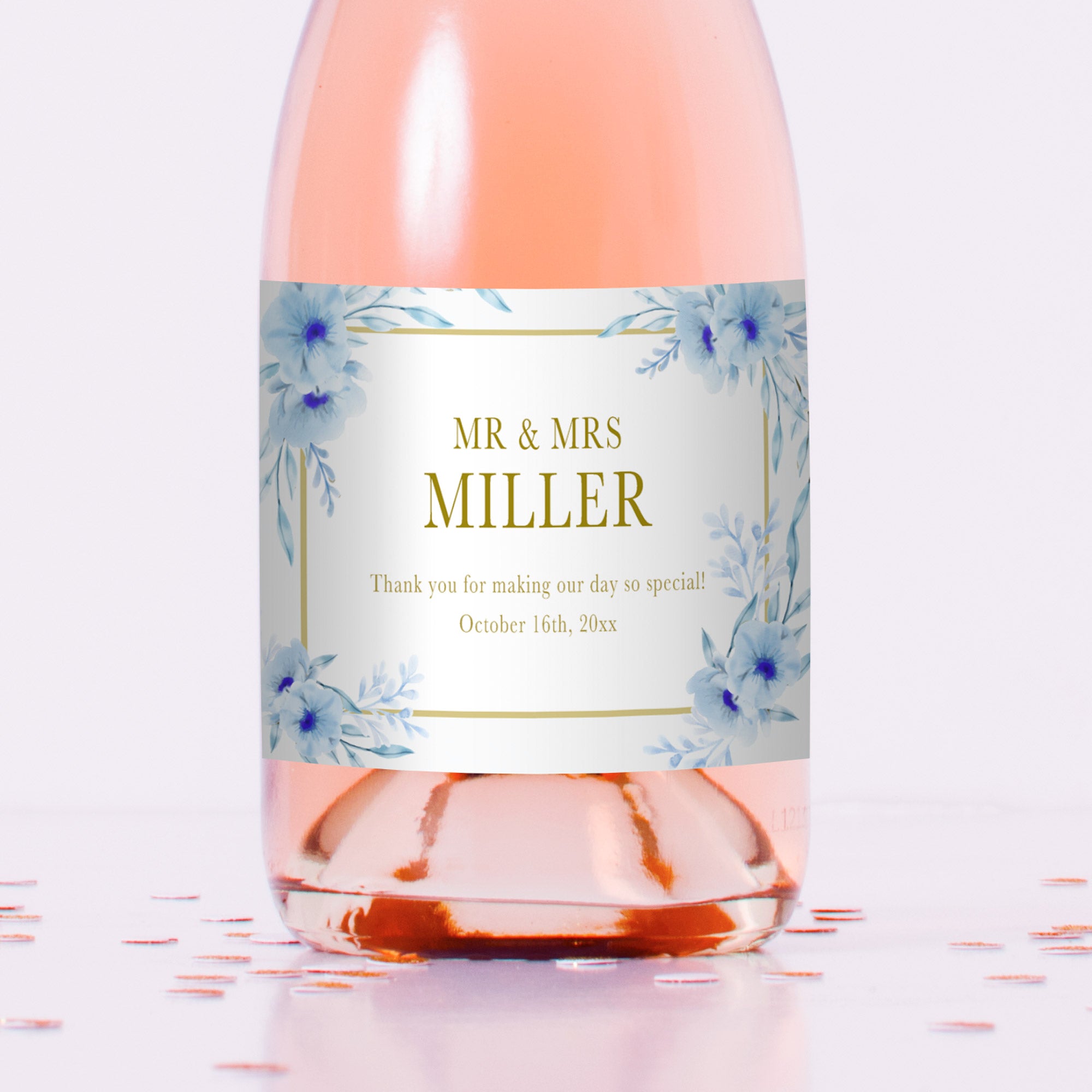 40 mini wine champagne bottle label floral blue gold wedding
