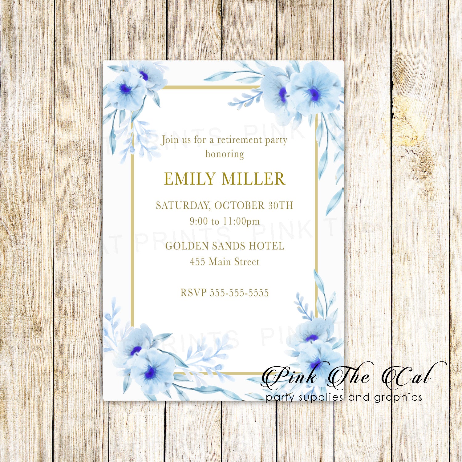30 Floral retirement invitations blue gold personalized