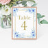 12 Table number cards printed floral light blue gold watercolor