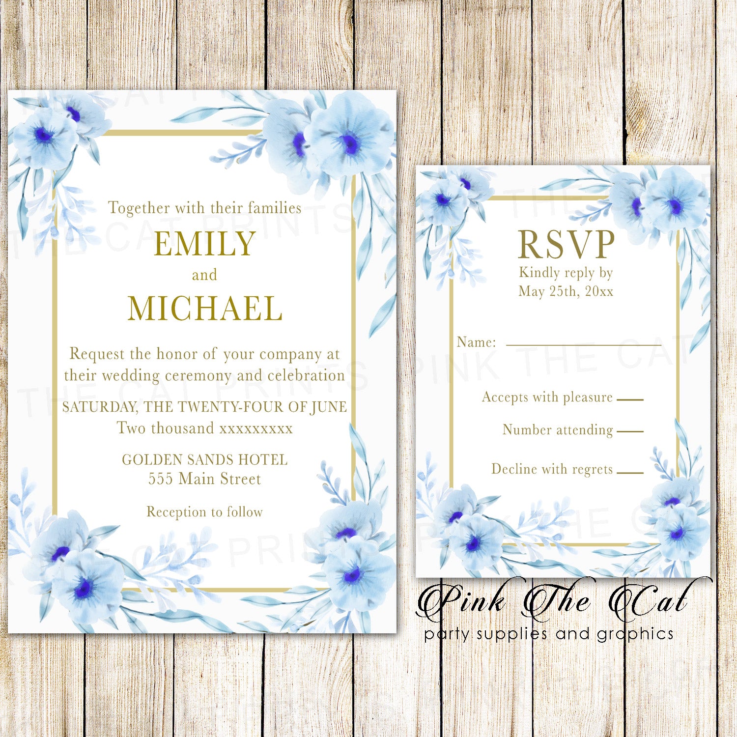 100 Wedding Invitations & RSVP Cards Floral Blue Gold Personalized